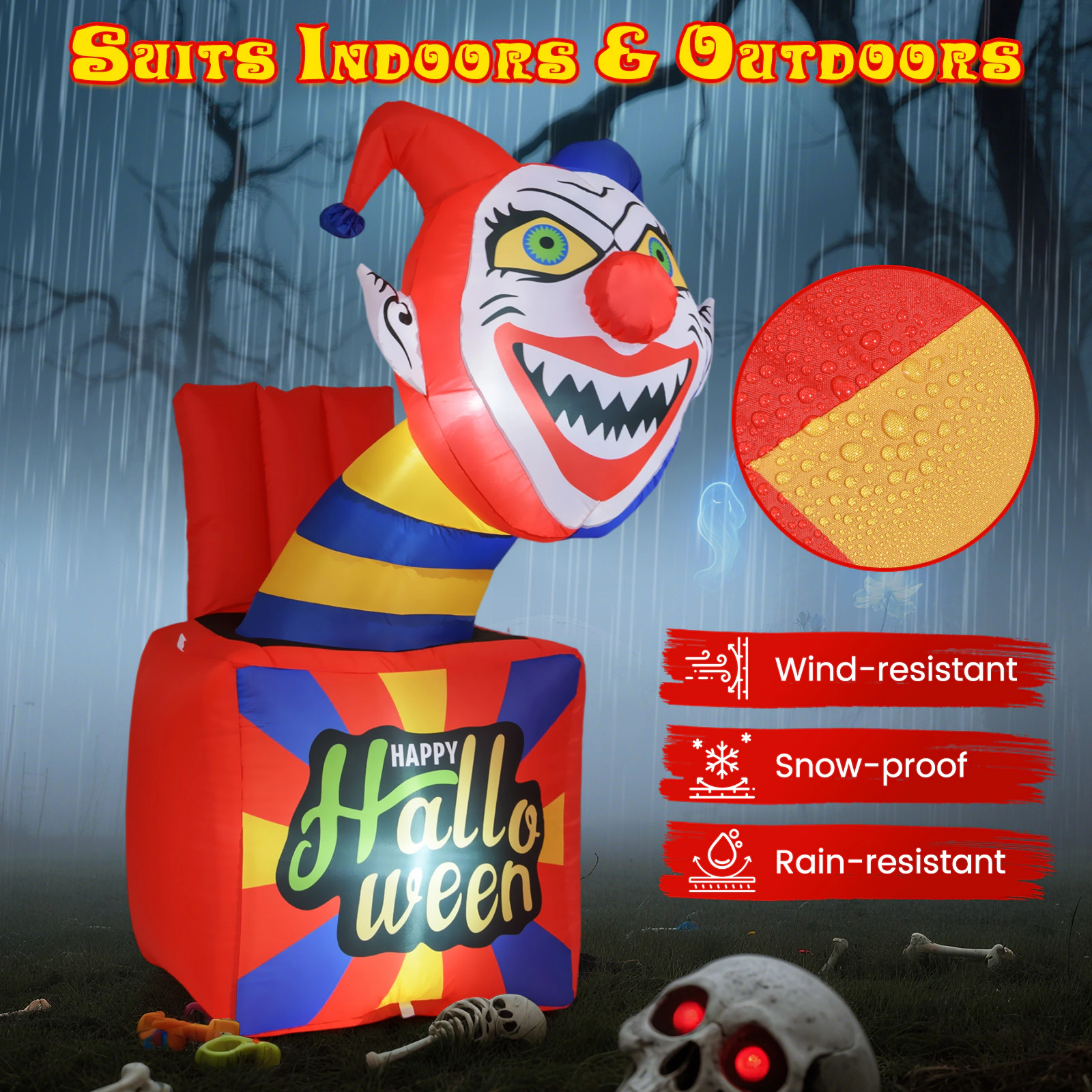Glintex Inflatable Halloween Clown Jack-in-a-Box with LED Lights and Stakes, Multicolor
