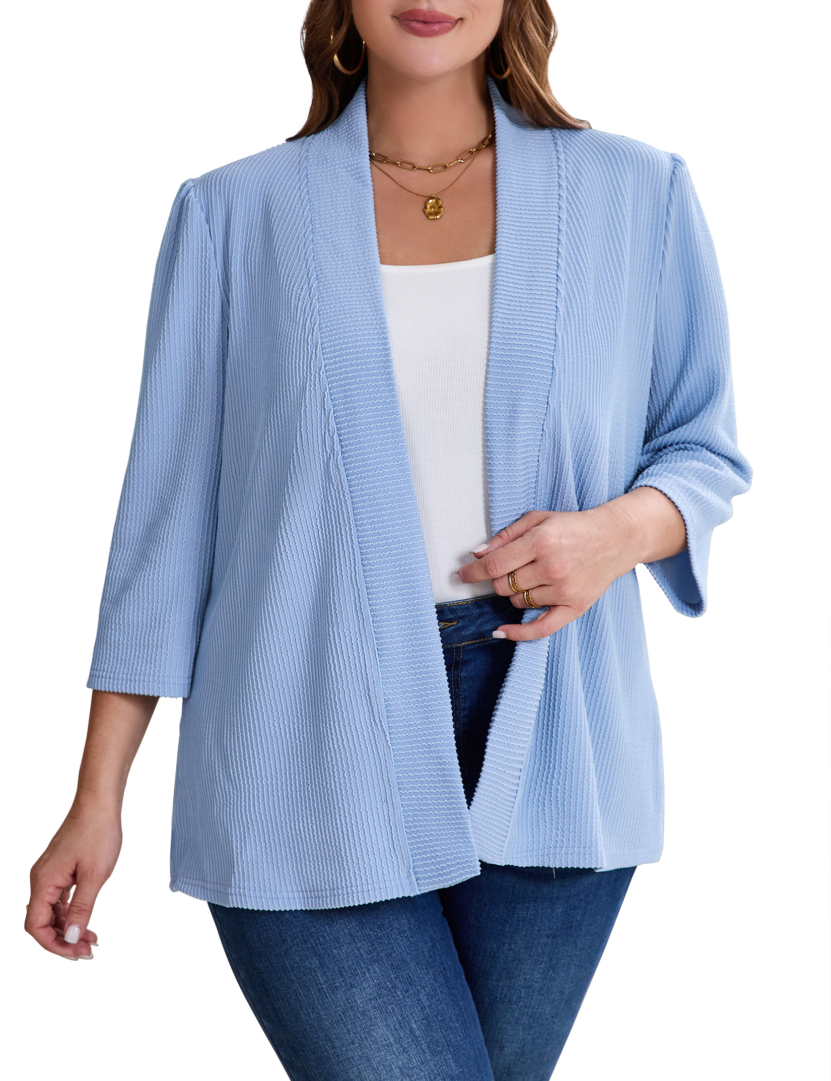 KOJOOIN Women's Plus 3/4 Sleeve Cardigan Open Front Knit Sweater Lightweight Ribbed Coat