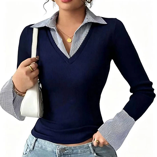 Enchanted Funland Women's Ribbed Long Sleeve Striped Collared Shirt