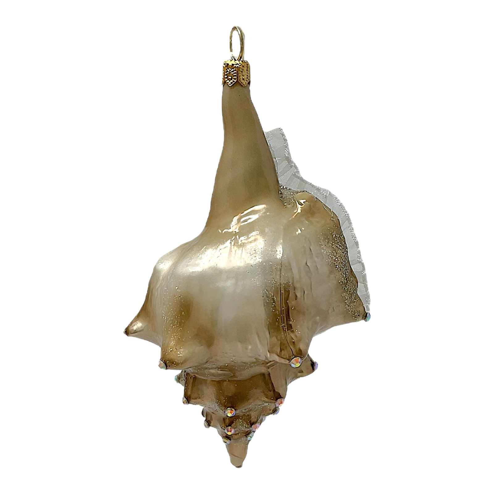 Pinnacle Peak Trading Company Brown and White Jeweled Seashell Polish Glass Christmas Ornament Shell Coastal