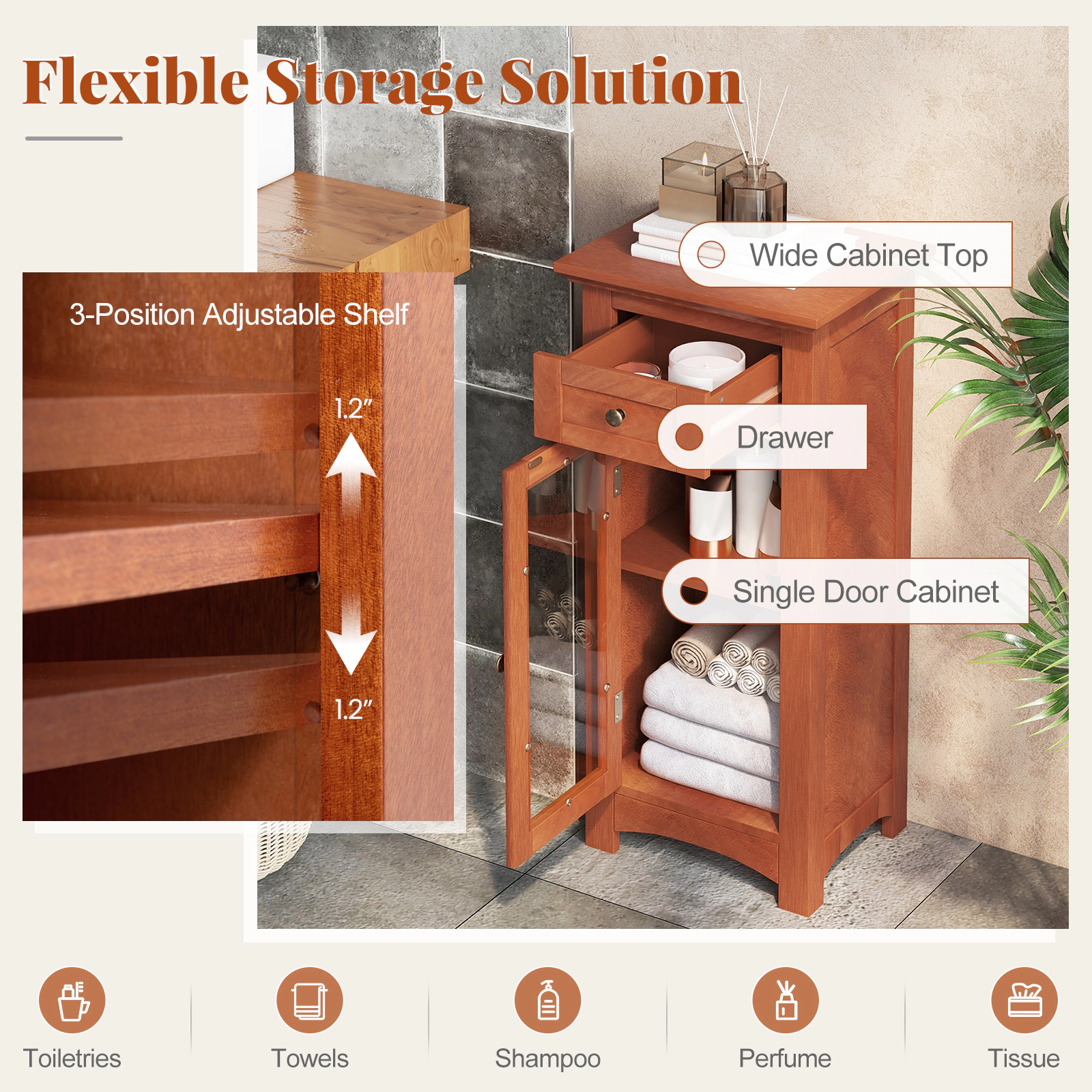 Slickblue Bathroom Floor Storage Cabinet Brown MDF Glass Door Drawer Adjustable Shelf