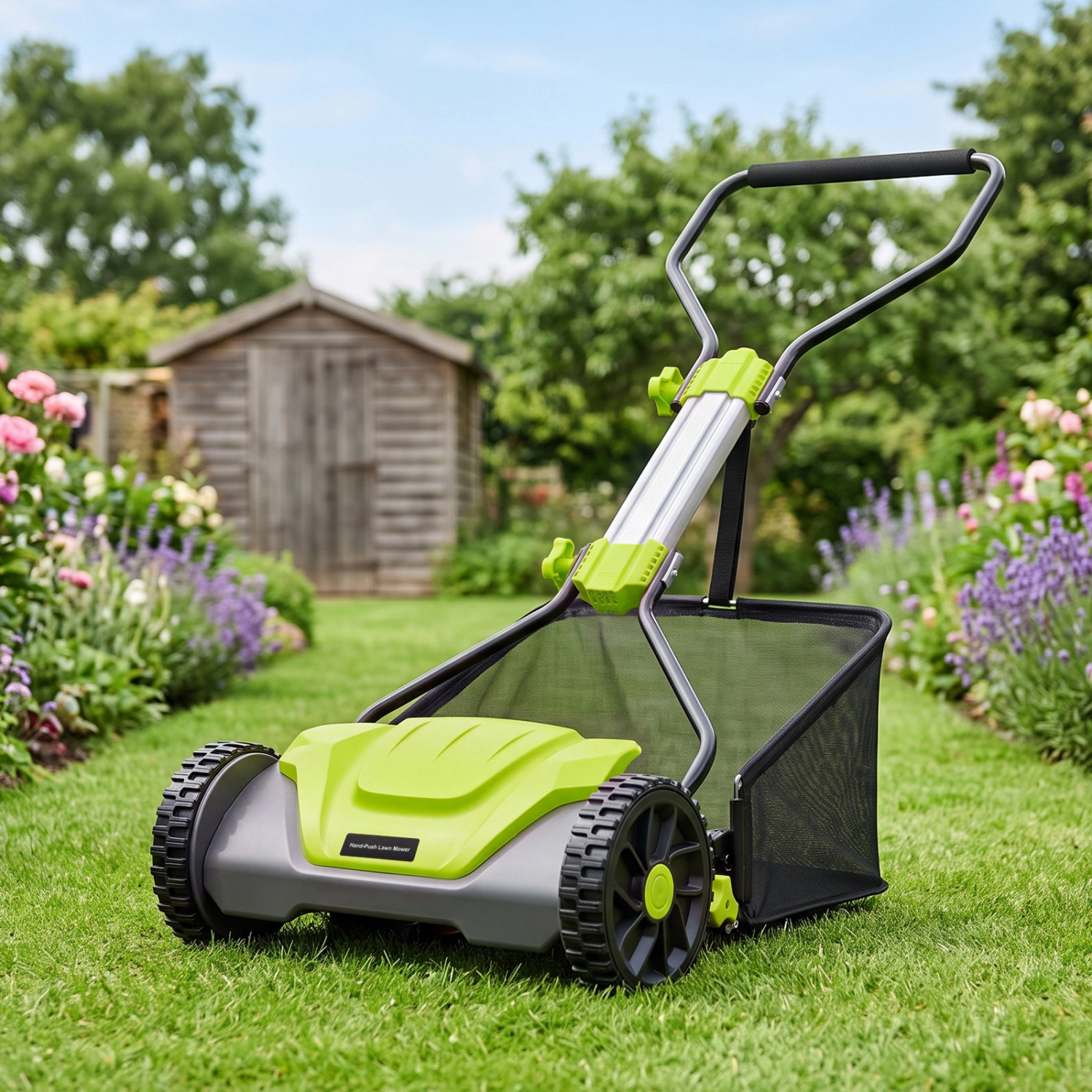 LJG 16 Inch Adjustable Cutting Heights 5-Blade Push Reel Lawn Mower with 8 Gal Removable Grass Catcher Bag