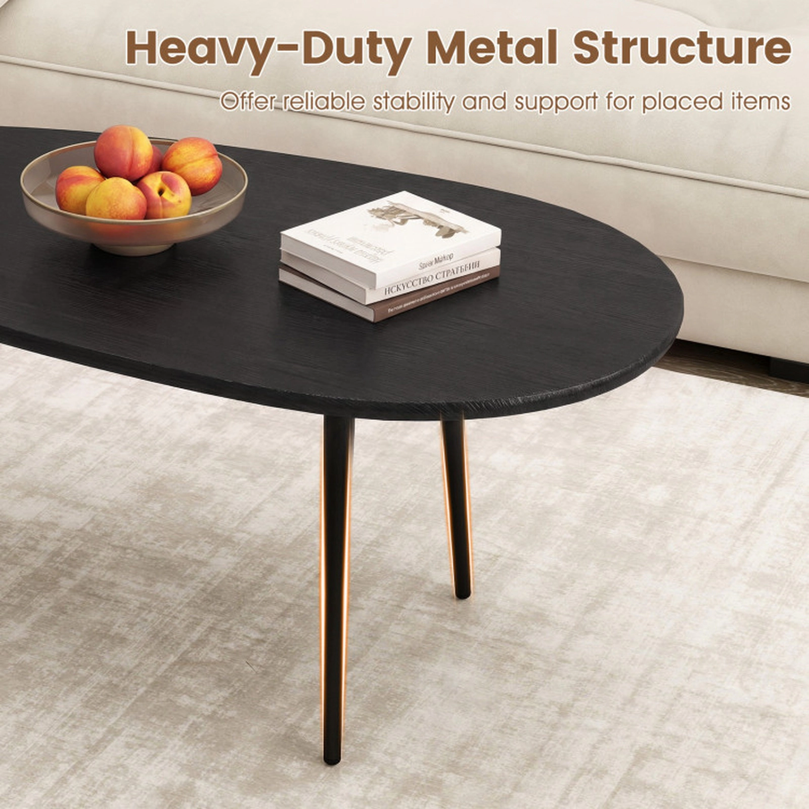 SUGIFT Irregular Oval Top Tapered Metal Legs Mid Century Coffee Table 42.5-in x 22-in x 17-in 99-lb Capacity Black