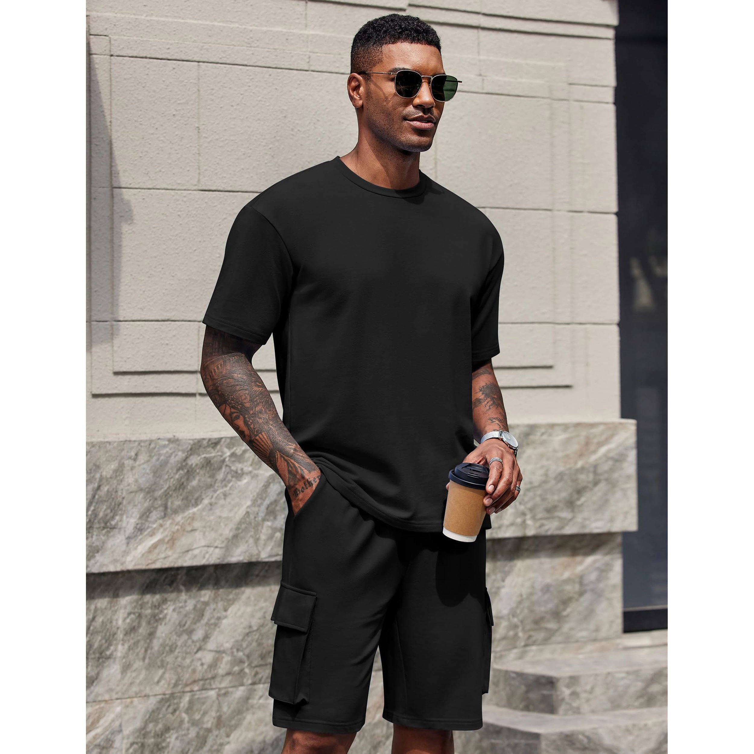 COOFANDY Men's Regular Fit Crew Neck Short Sleeve T-Shirt And Cargo Shorts Set