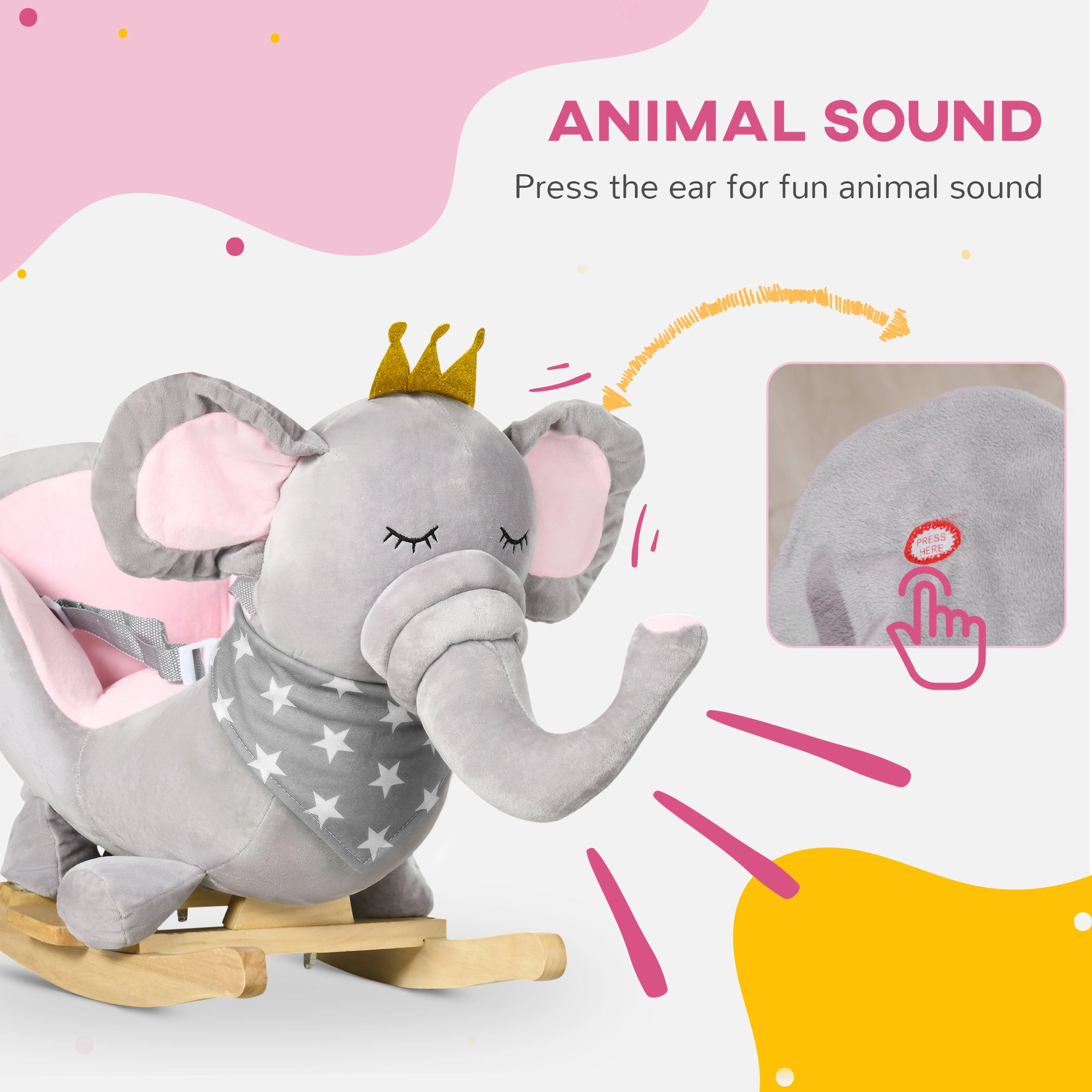 HONGGE Plush Elephant Rocking Chair with Sound & Seatbelt, Wood Base, Holds up to 110 lbs, Ages 18-36 Months, Gray