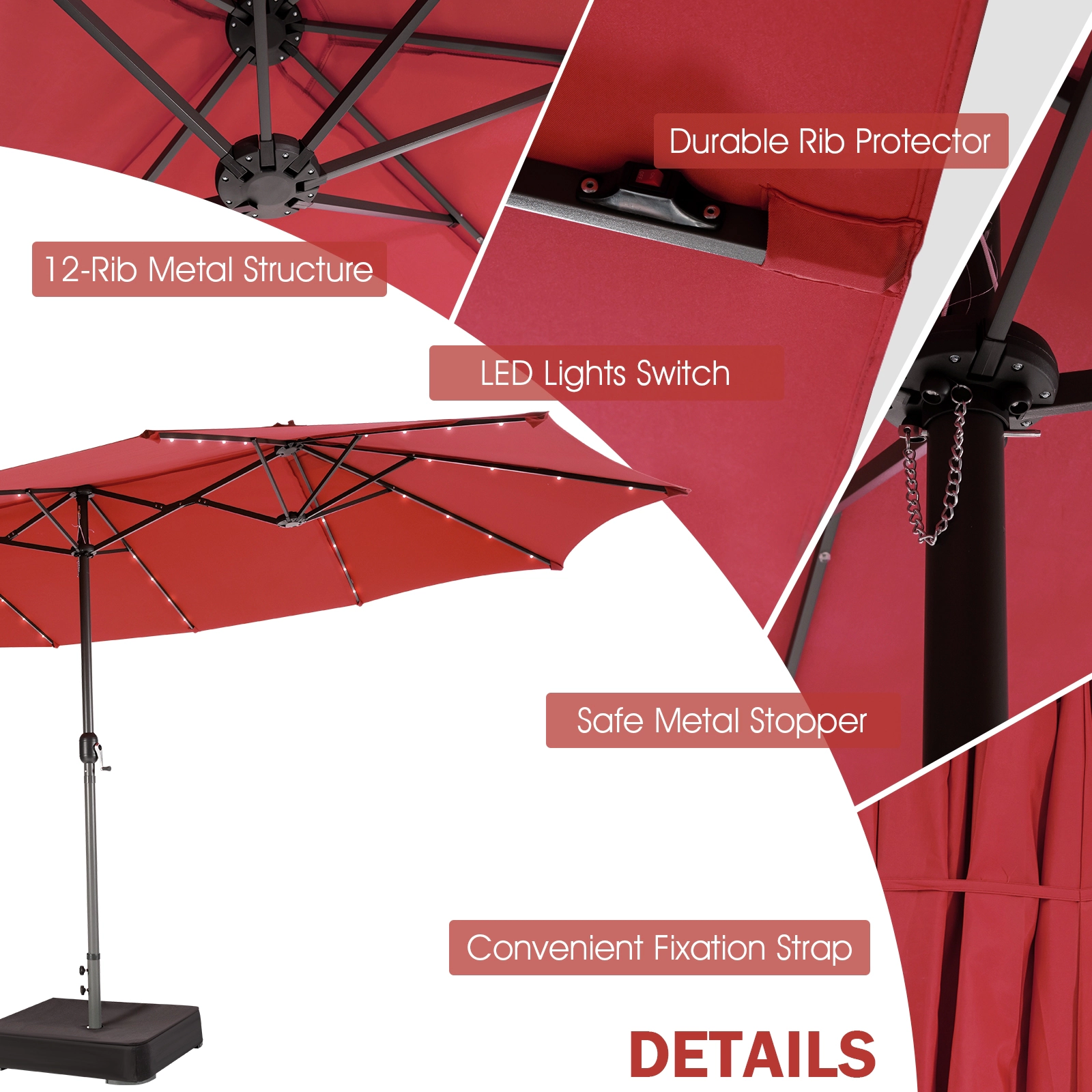 SUGIFT Double-Side 15.4-in Twin Patio Umbrella with 48 Solar LED Lights and Hand-Crank System Dark Red