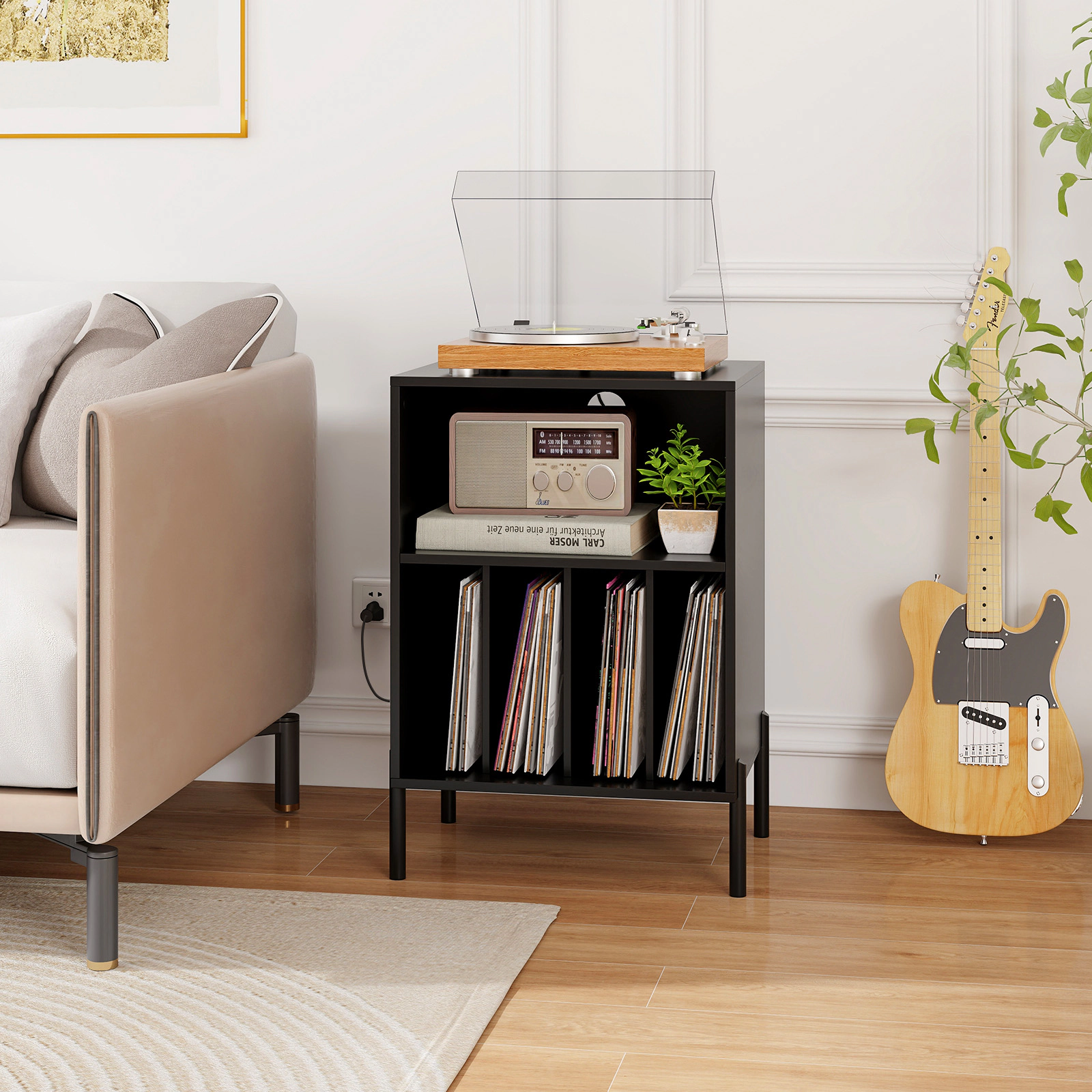 LJG Record Player Stand with Storage Shelf and Charging Station