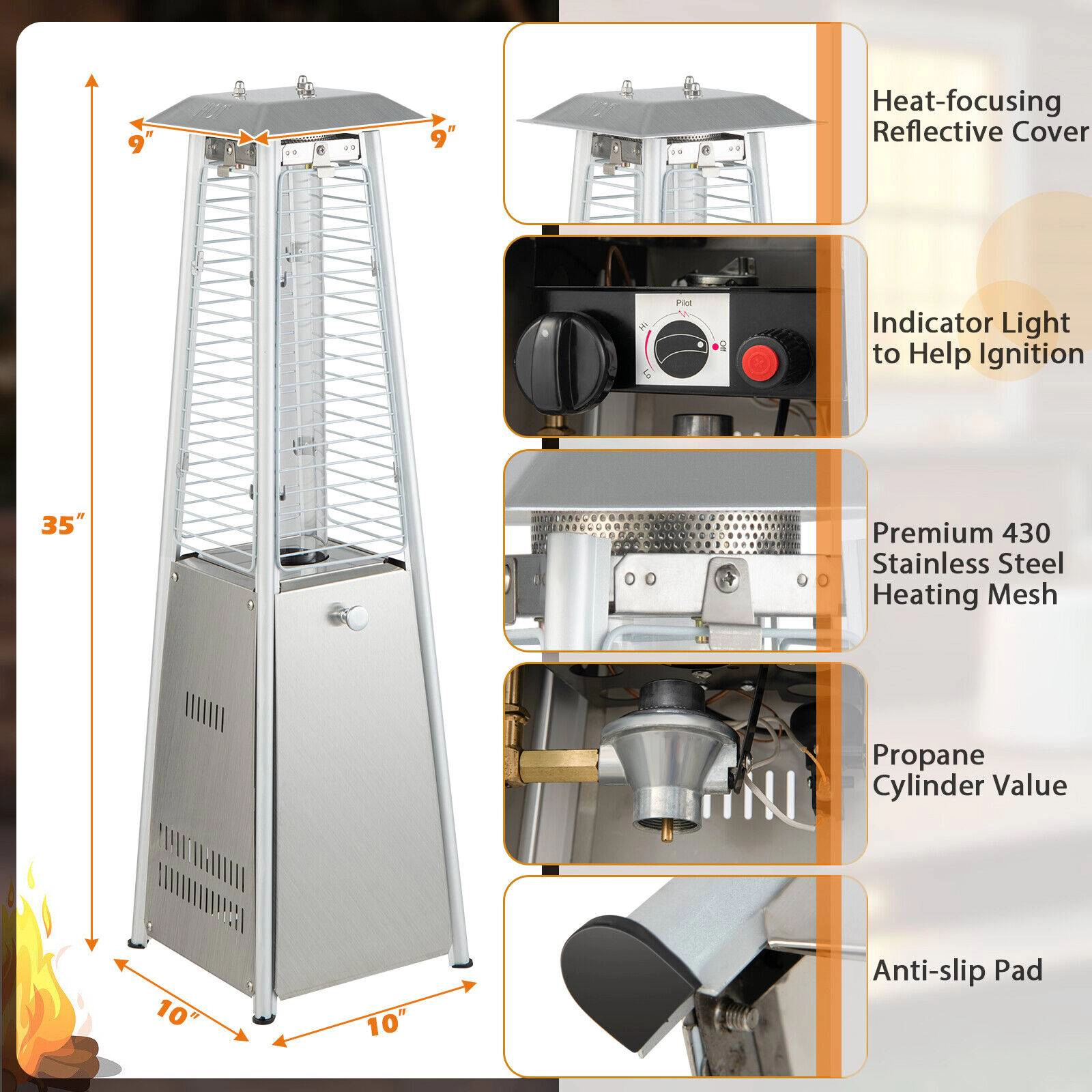 SUGIFT Silver Stainless Steel Tabletop Propane Patio Heater with Glass Tube 9500-BTU 10-in W 10-in D 35-in H