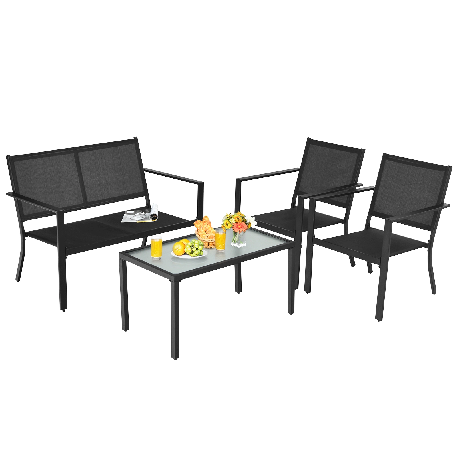 SUGIFT Gray 4-Piece Patio Conversation Set with Loveseat and Tempered Glass Table