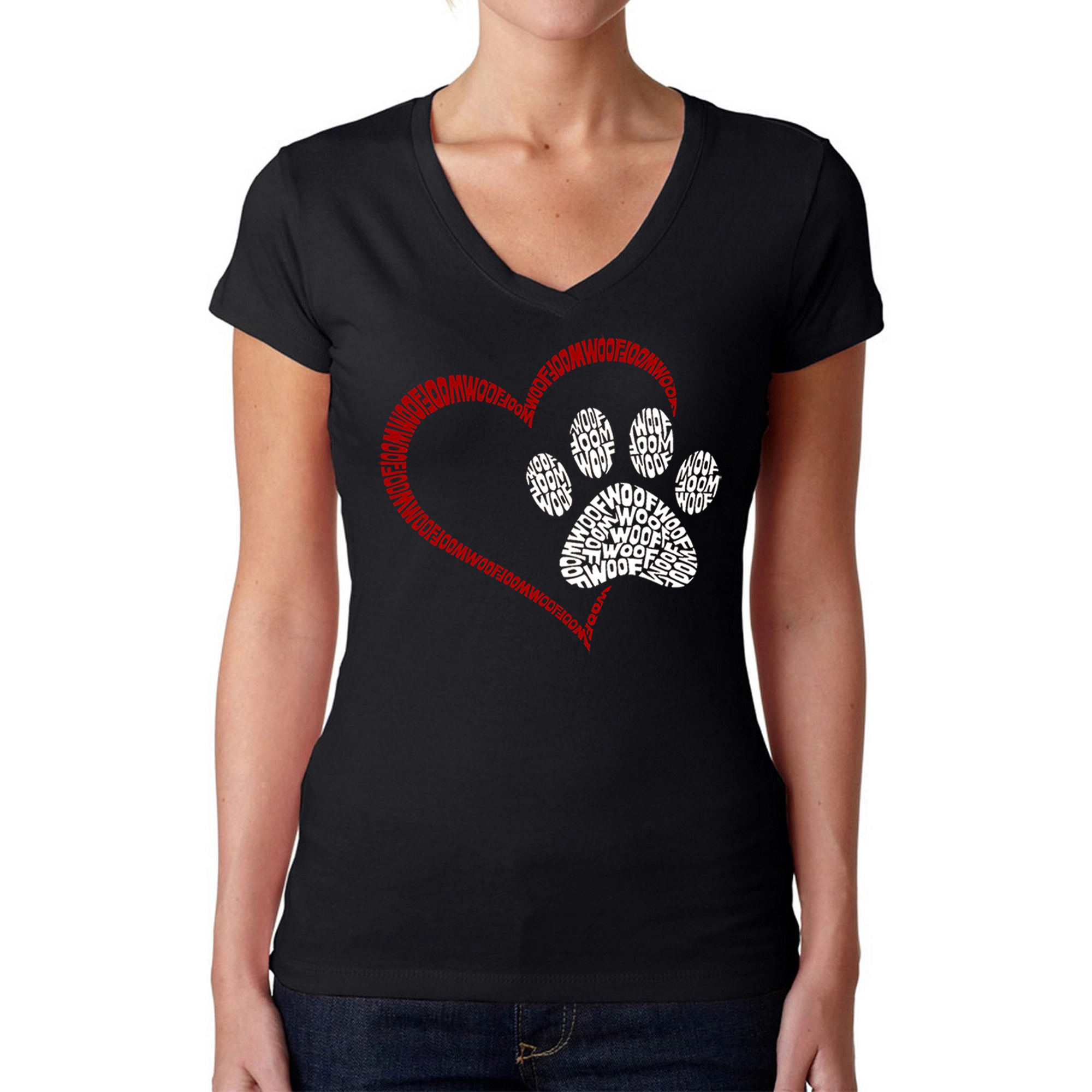 LA Pop Art Womens Word V-Neck T-Shirt - Paw Heart