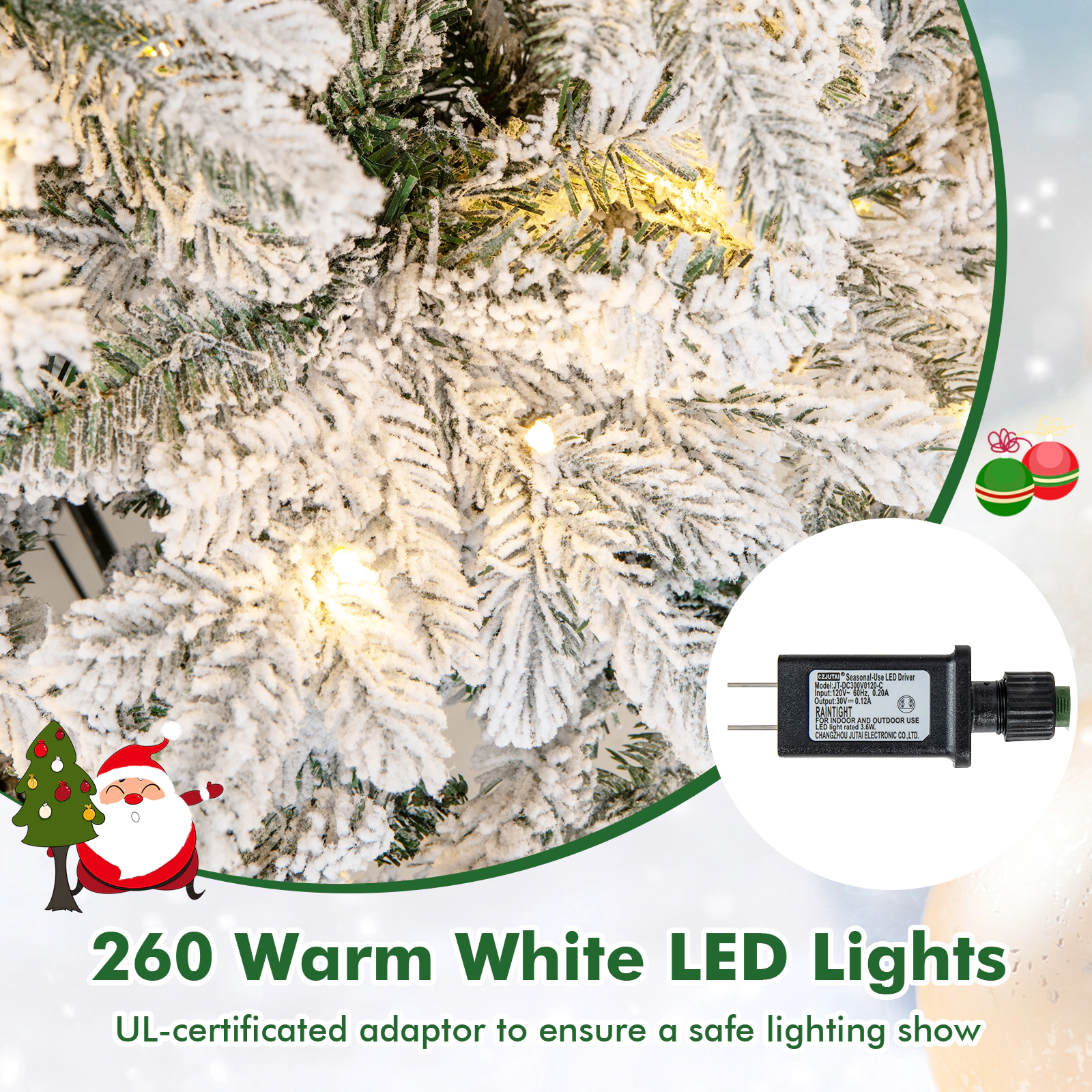 SUGIFT Flocked Artificial Christmas Tree with Warm White LED Lights 6-Ft Height Hinged Branches White & Green