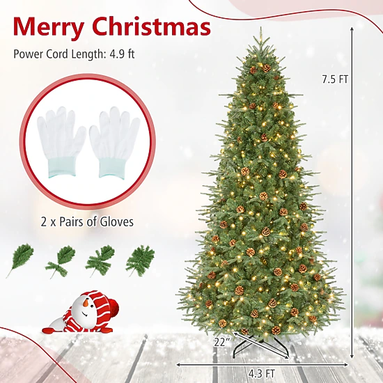 Costway 7Ft/7.5FT/8FT Pre-Lit Christmas Tree Hinged 460/540/600 Lights