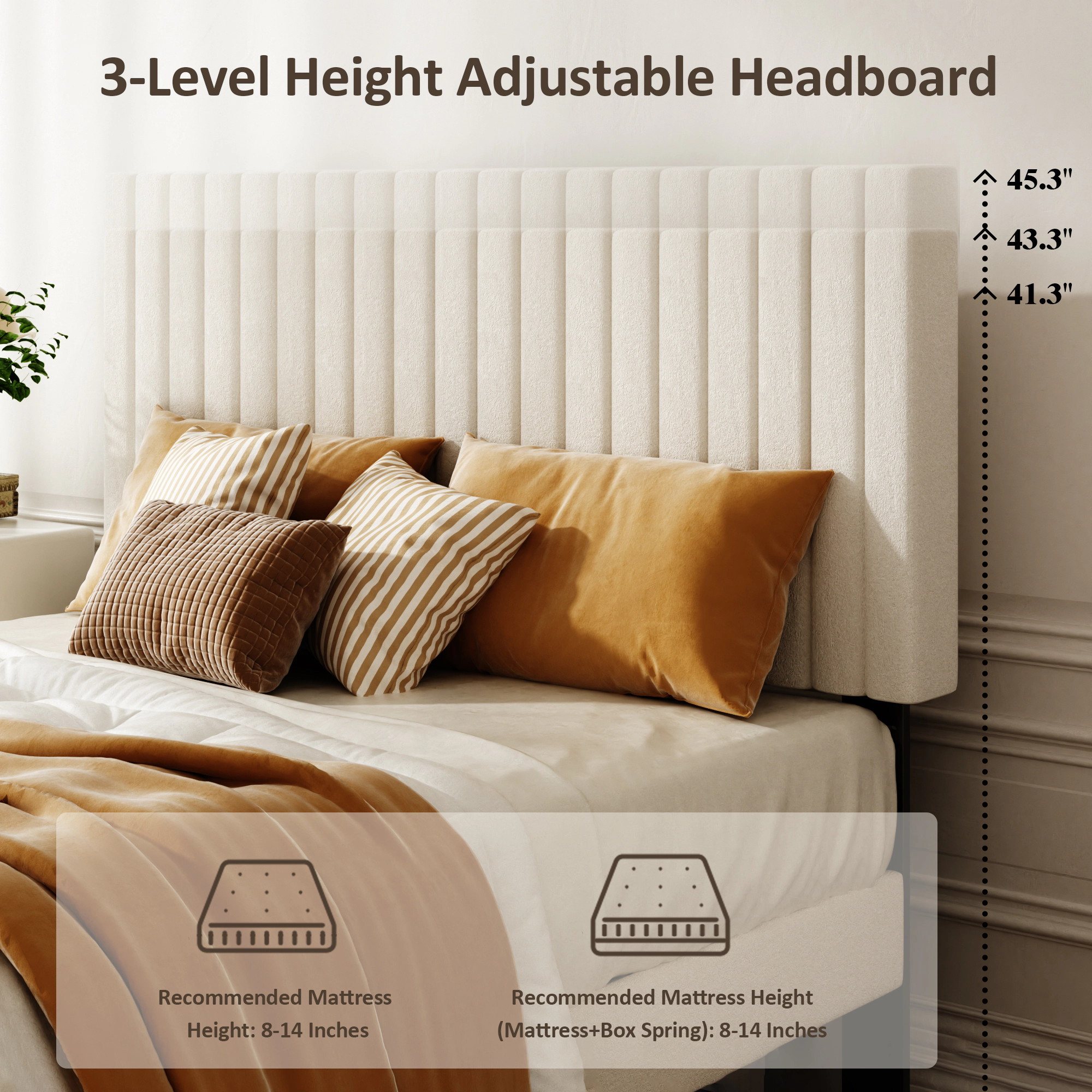 Flynama Queen Velvet Platform Bed with Height-Adjustable Headboard, Sturdy & Quiet, Beige