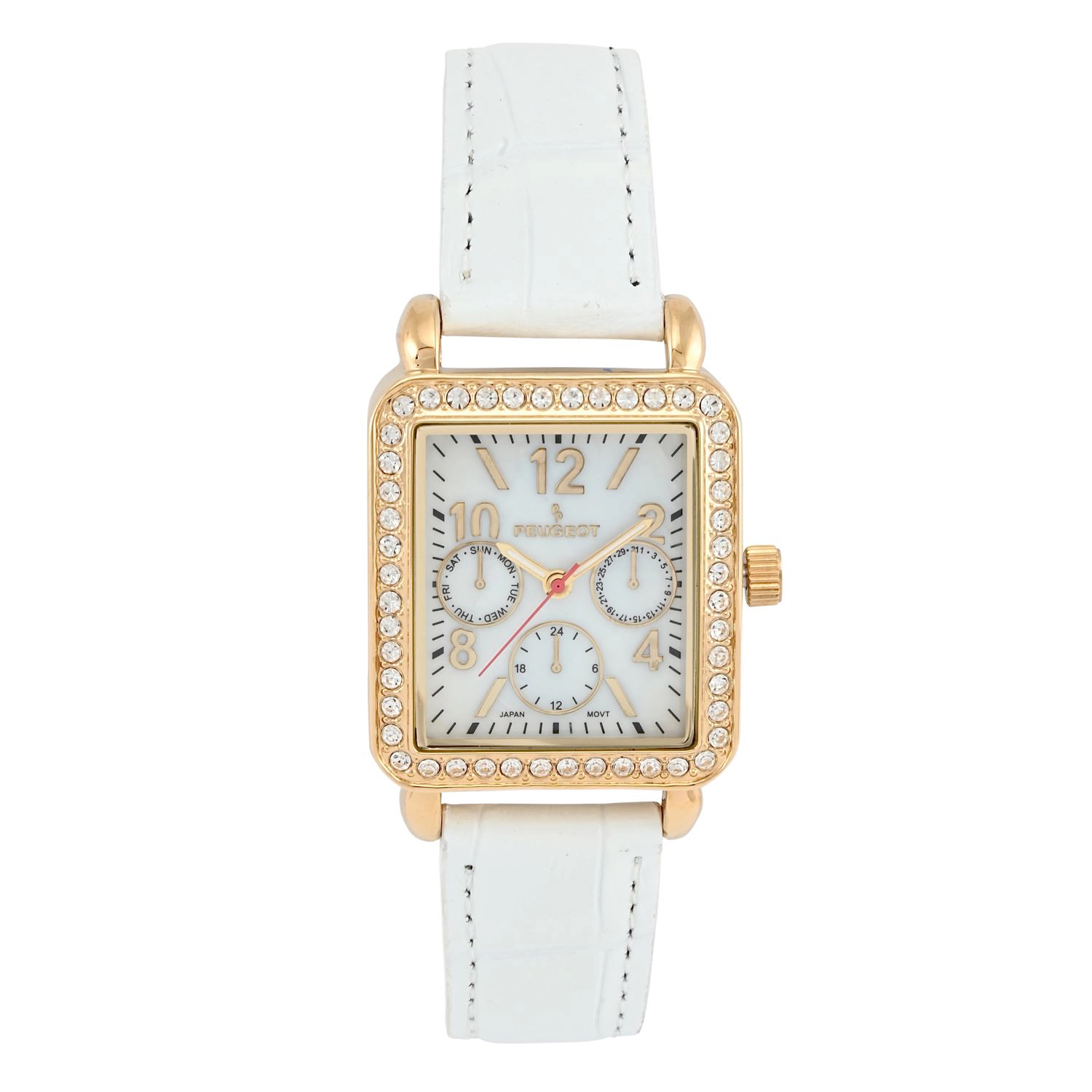 Peugeot Women's 14K Gold Plated Square Dress Watch with European Crystals and White Leather Band