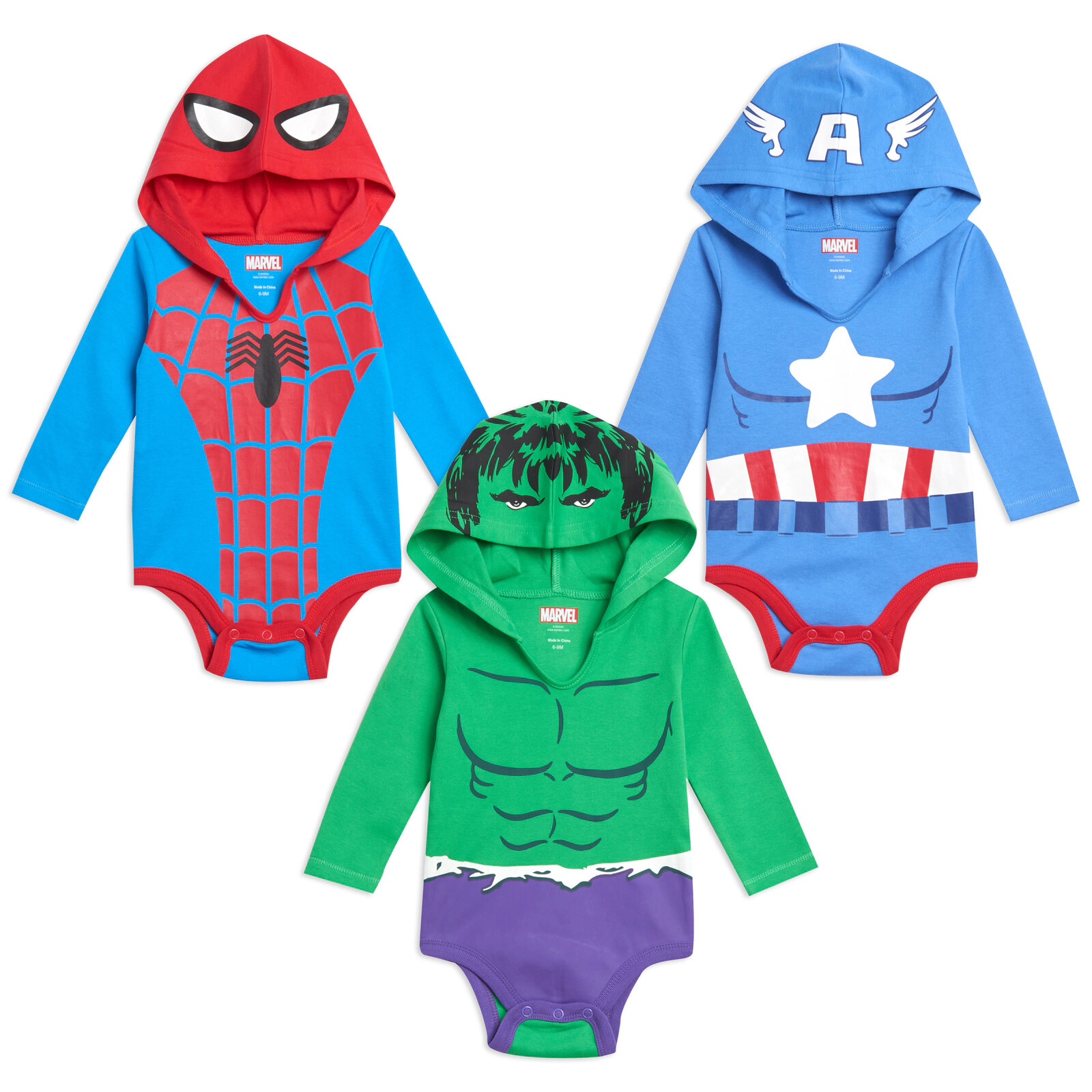 Marvel Avengers Baby 3-Pack Cosplay Long Sleeve Hooded Bodysuits