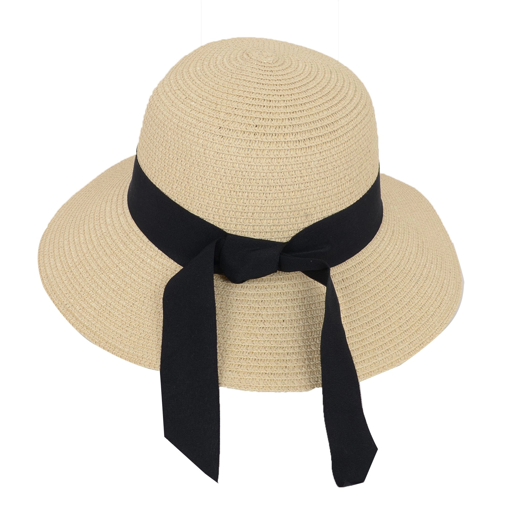 Anna-Kaci Women's Wide Brim Straw Sun Hat with Black Ribbon Bow Adjustable Chin Strap Inner Sweatband