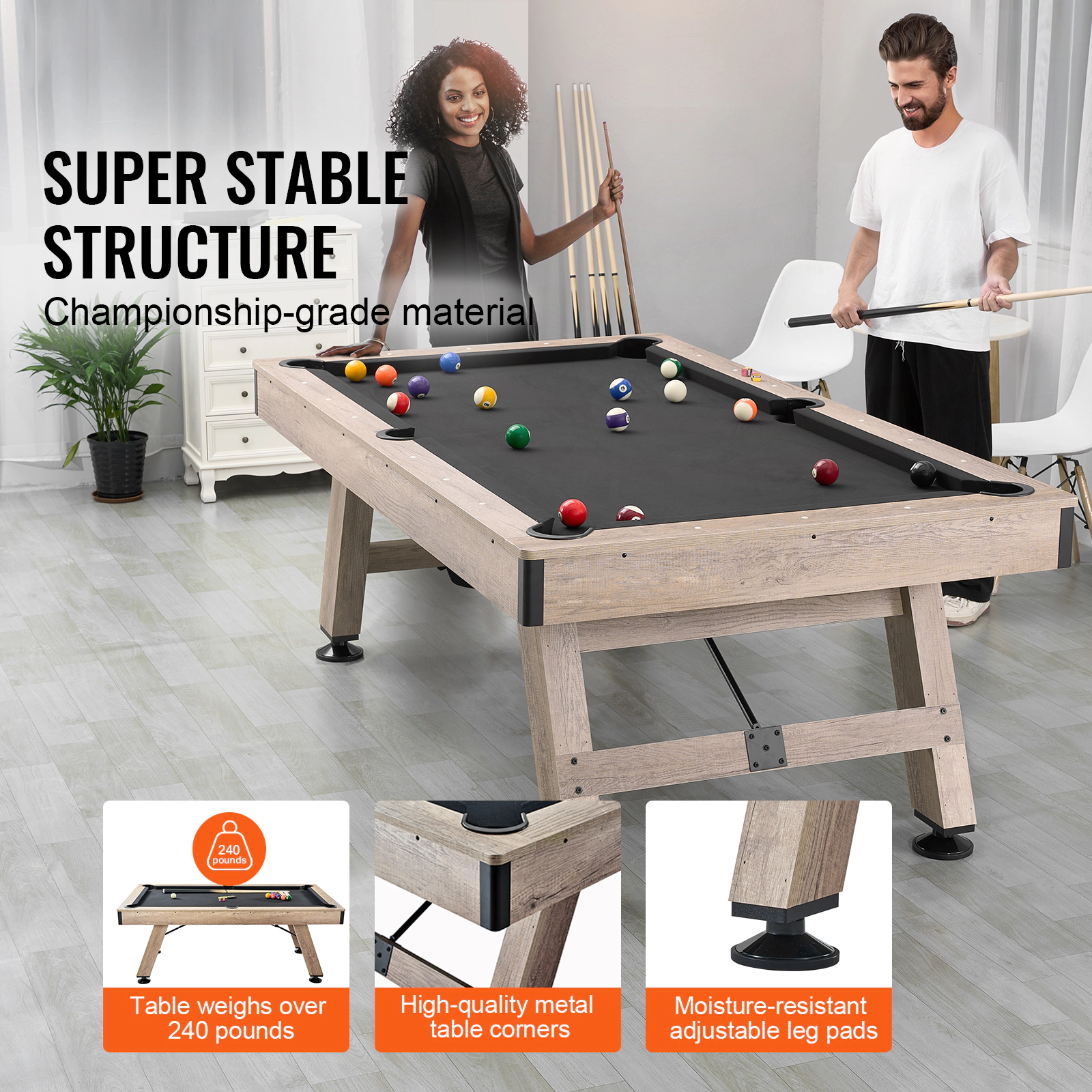 HONGGE 7 FT Pool Table with Adjustable Legs, Balls, Cues & Chalk Set Included, Wood Color Billiards Table