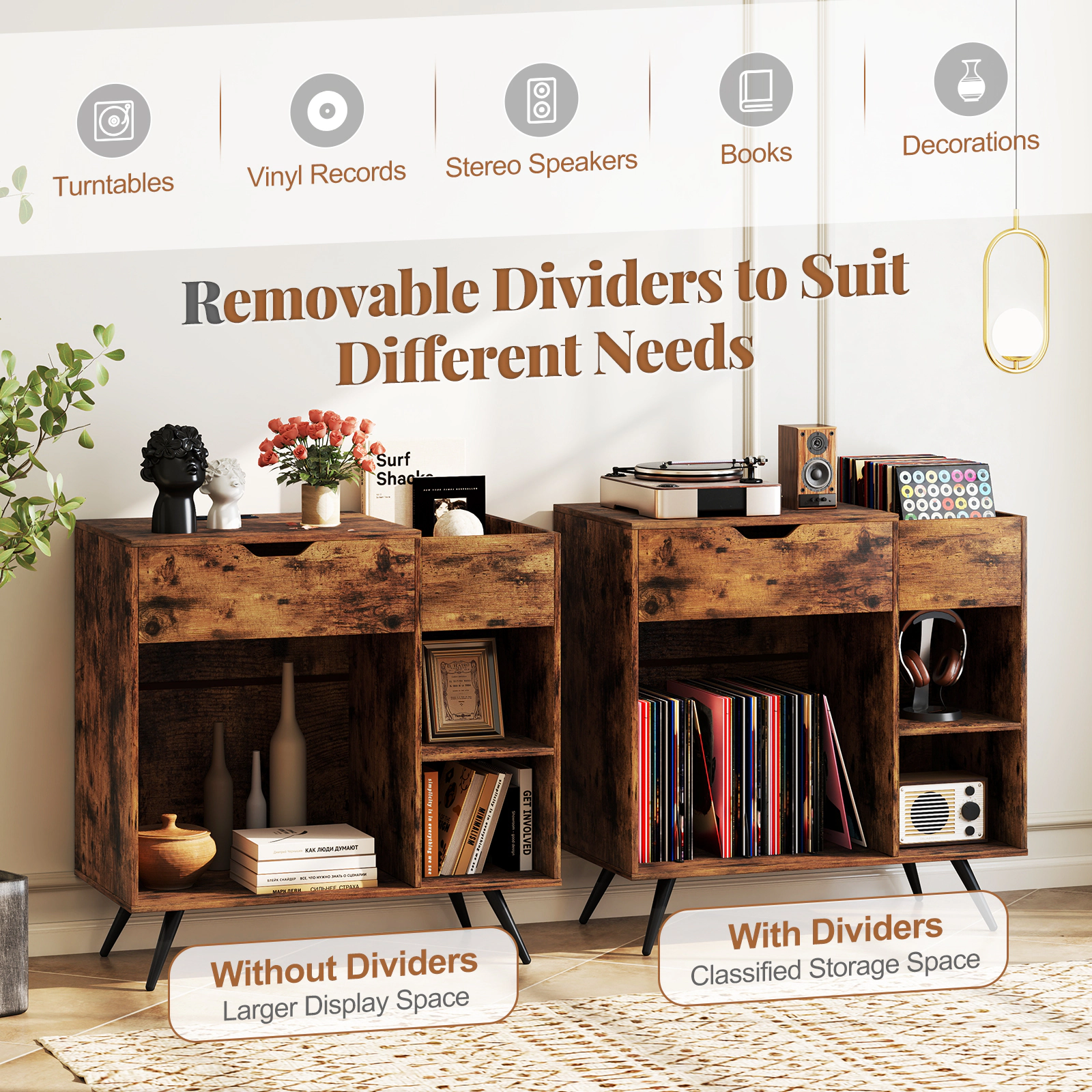 Glintex Record Player Stand with Drawer Removable Dividers and 255-Lb Capacity, Rustic Brown