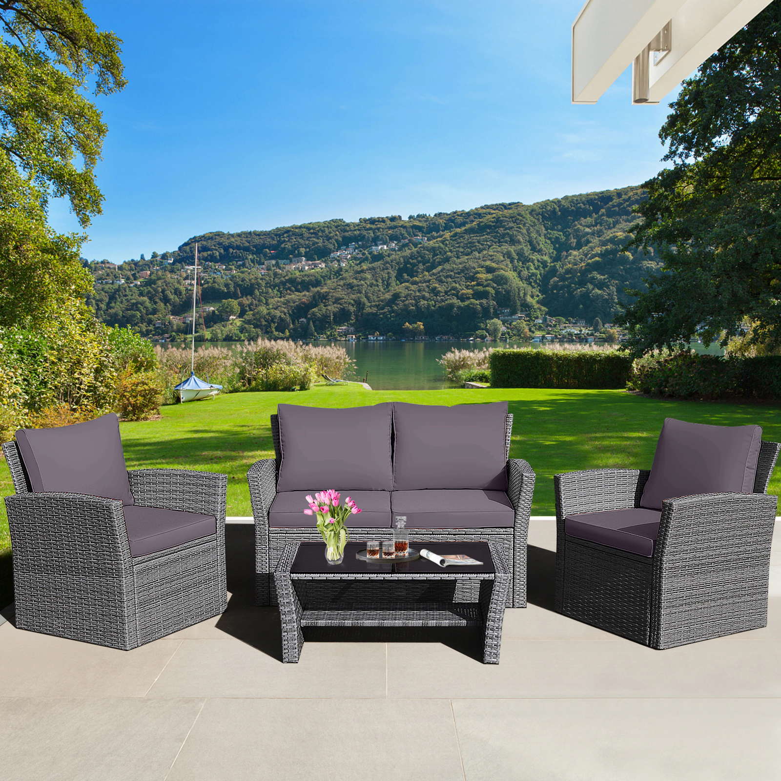 SUGIFT Gray Storage Shelf Coffee Table and Cushions 4-Piece Patio Rattan Sofa Set