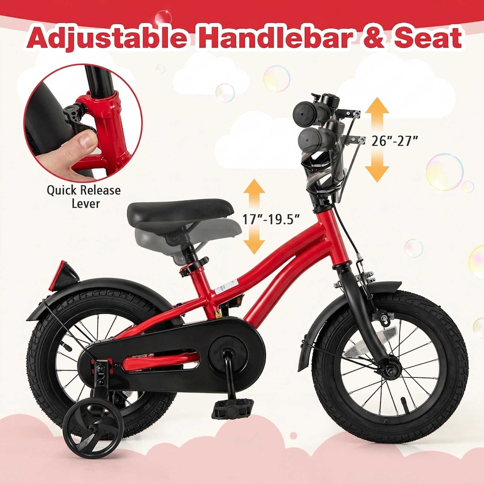 SUGIFT Red Detachable Training Wheels Reflectors Bell and Quick Release Seat Kids 12 Inch Bike