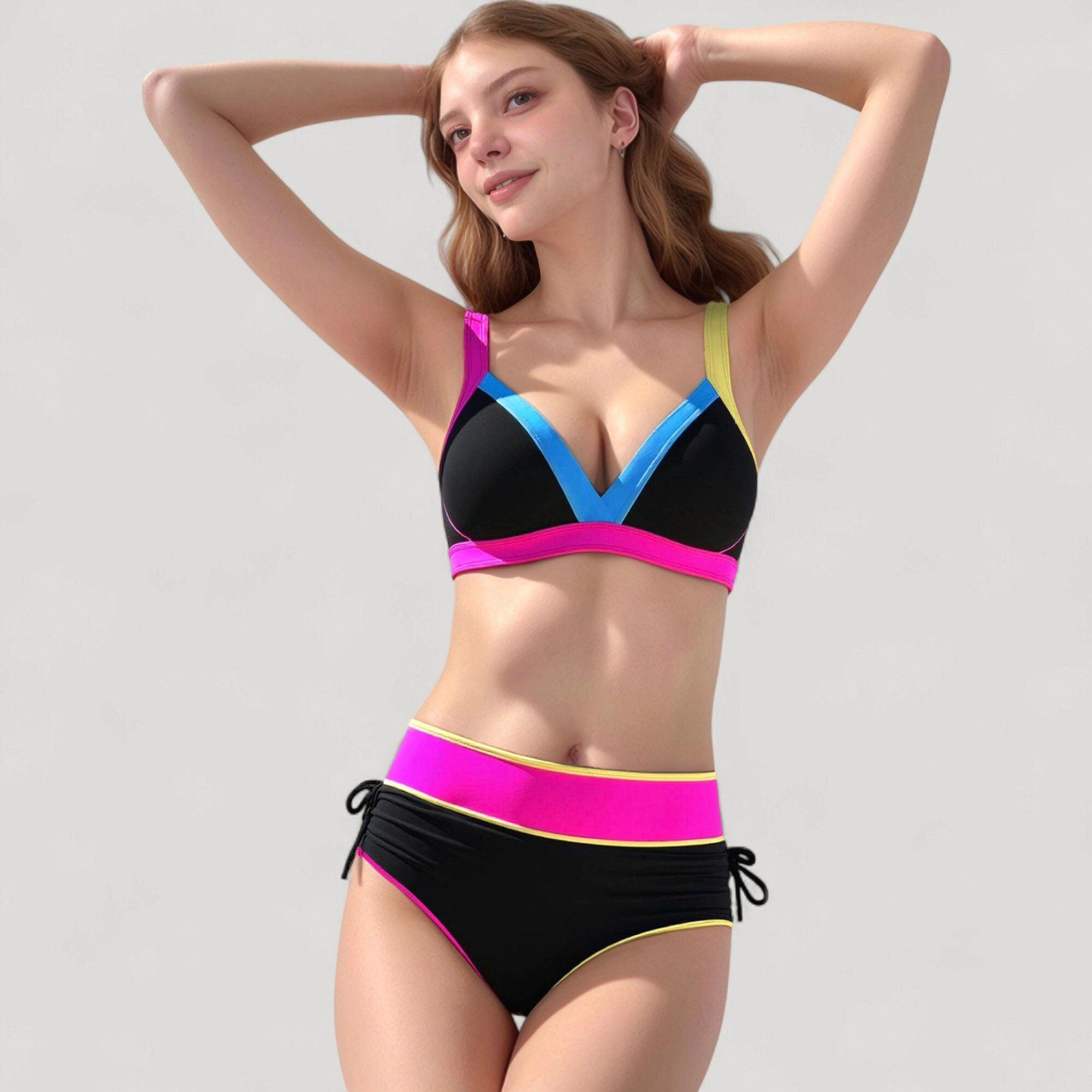 Anna-Kaci Colorblock High Waist Bikini Set, Adjustable V-Neck Top and Side Ruched Bottoms