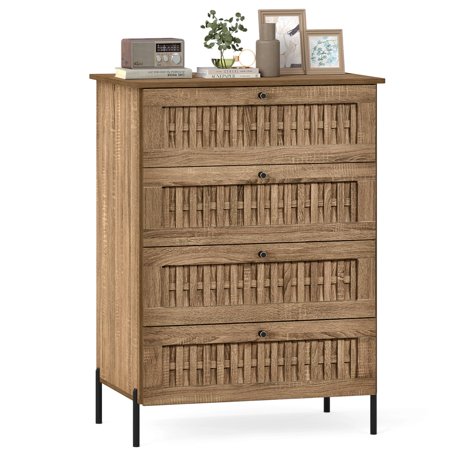 Glintex 4-Drawer Dresser with Rattan-Textured Fronts and Metal Legs, Caramel Oak + Black