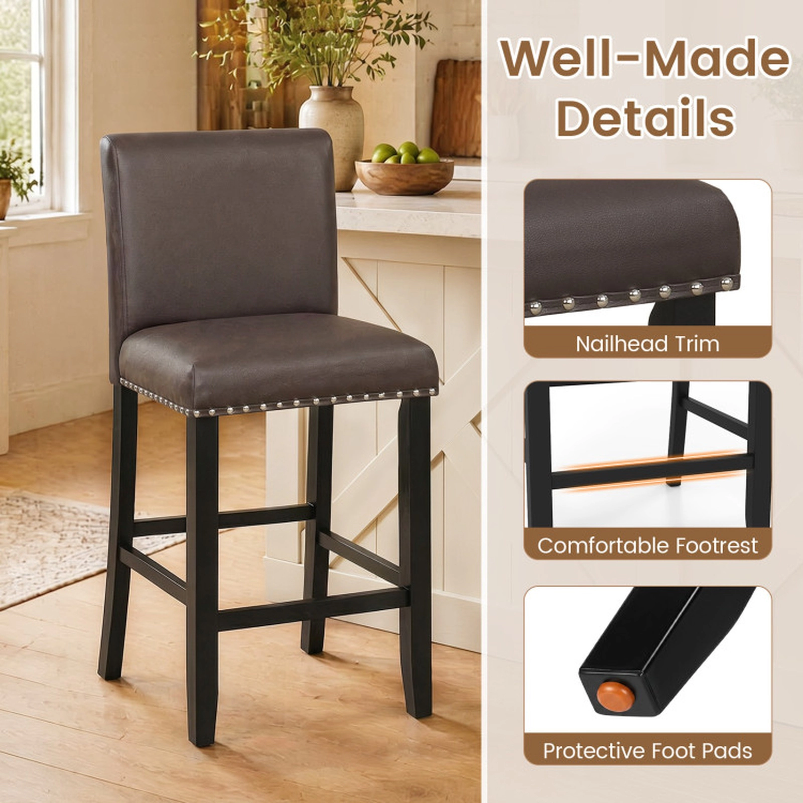 SUGIFT Set of 4 PVC Leather Nailhead Trim Counter Height Bar Stools 19-in x 20-in x 39-in 245-lb Capacity Brown