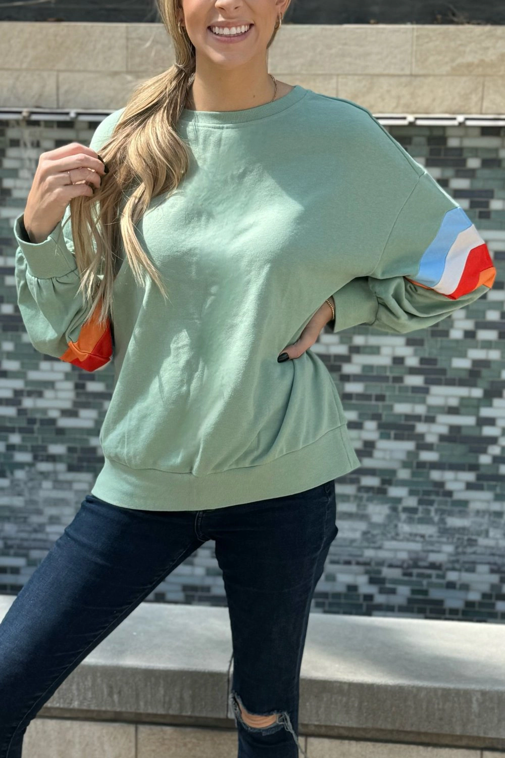 Threaded Pear Women's Ella Striped Sleeve Loose Sweatshirt