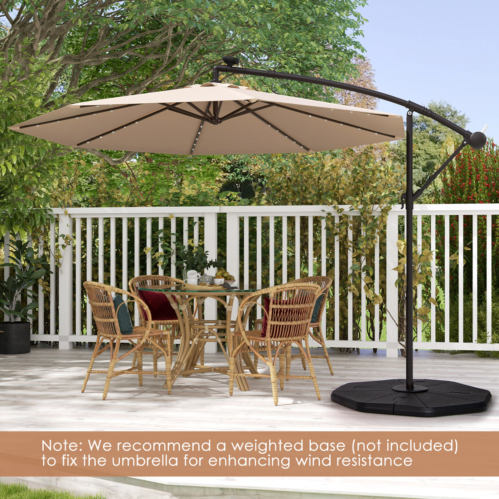 SUGIFT 10-ft Tan Solar LED Offset Patio Umbrella, 40 Lights, Crank Lift, Cross Base