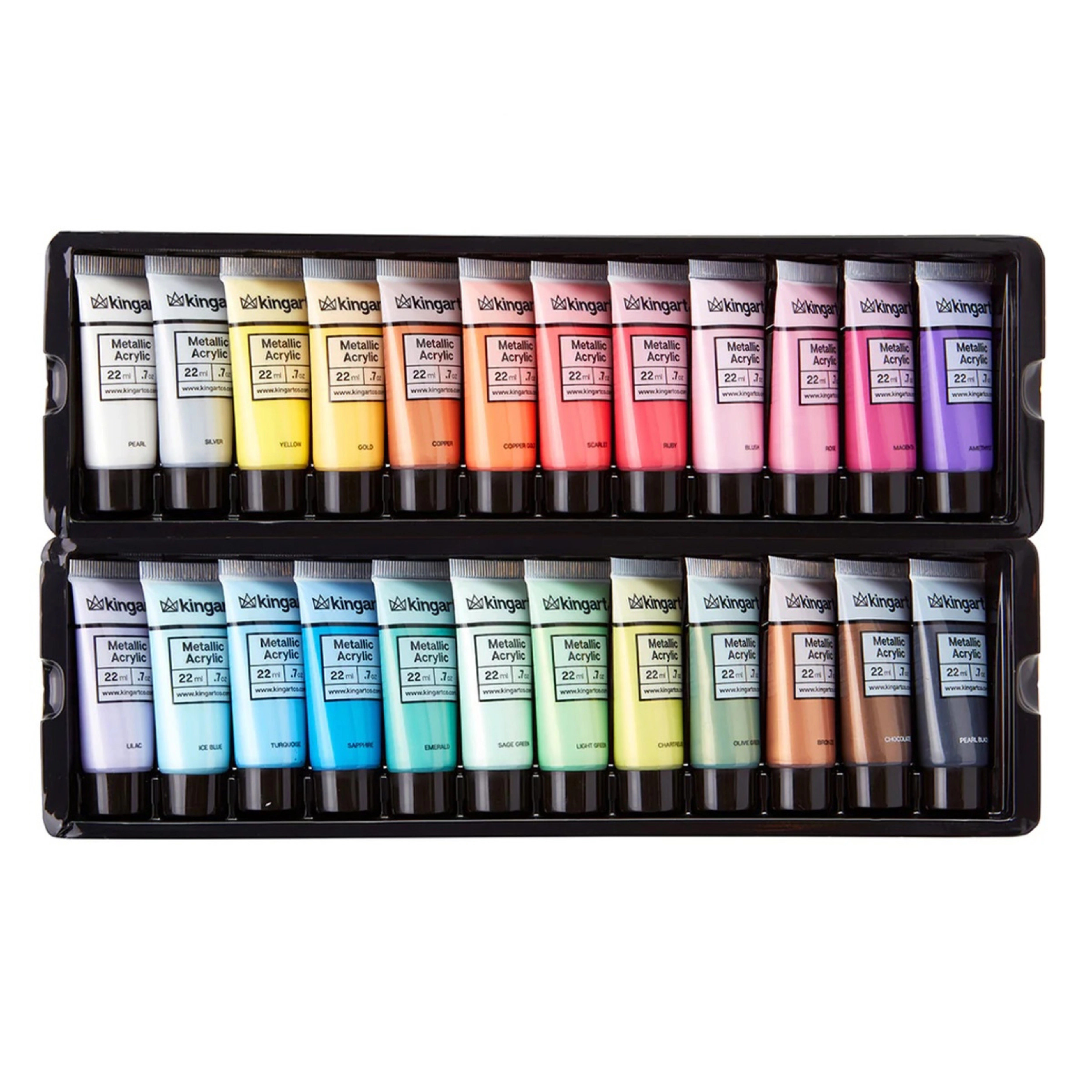 KINGART PRO Metallic Acrylic Paint Set - 24 Shimmery Colors, 22ml Tubes