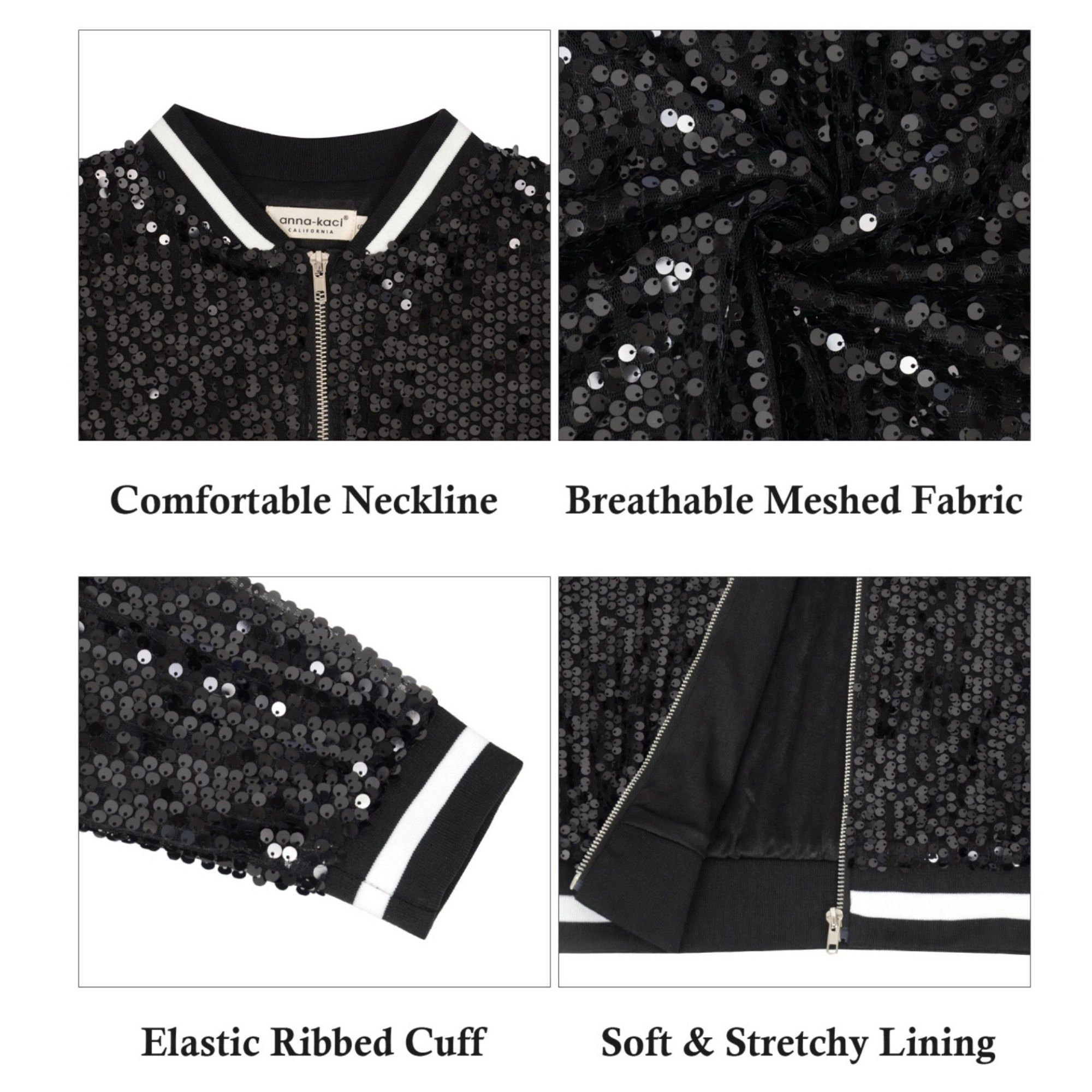 Anna-Kaci Women's Sequin Bomber Jacket with Ribbed Trim and Front Zipper Closure