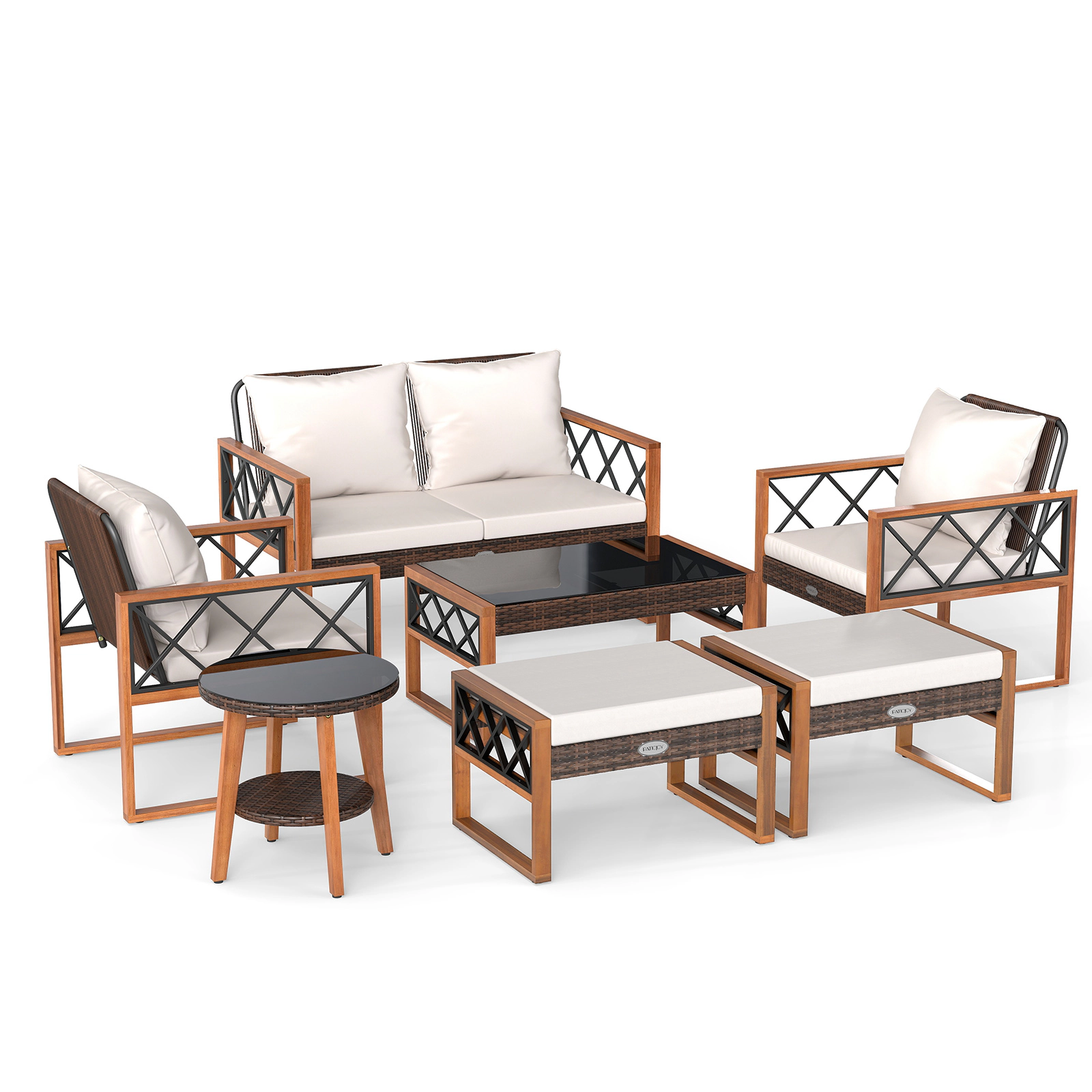 LJG 7 Pieces Patio Furniture Set PE Wicker Acacia Wood Outdoor Conversation Set