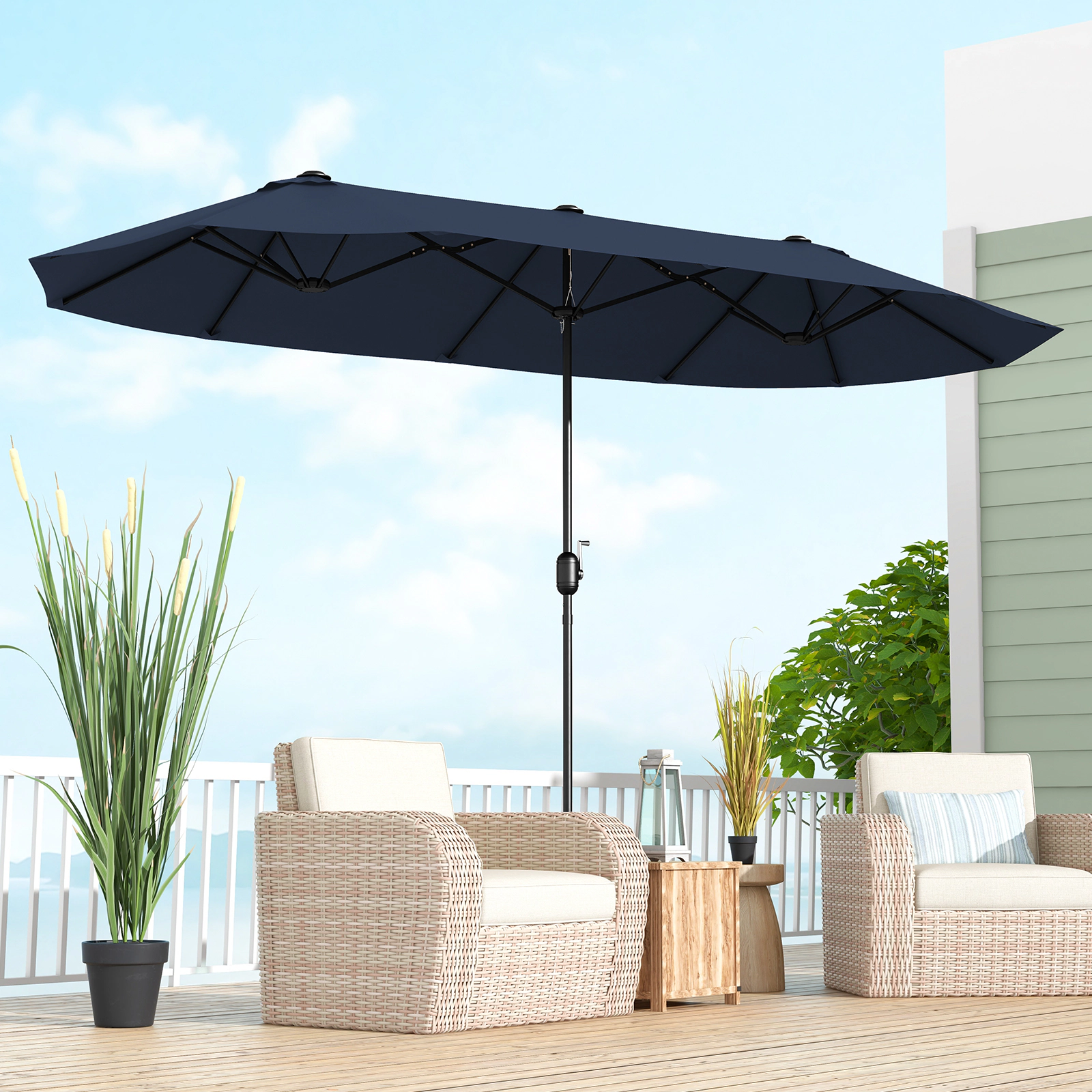 SUGIFT 13-ft Double-Sided Patio Twin Table Umbrella Crank Handle & 25.5 x 25.5 in Cross Base for Patio Garden Pool Deck