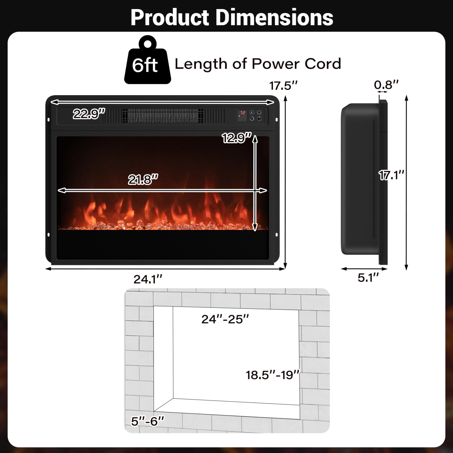 LJG 5000 BTU 23-Inch Electric Fireplace Insert with Remote Control and Brightness