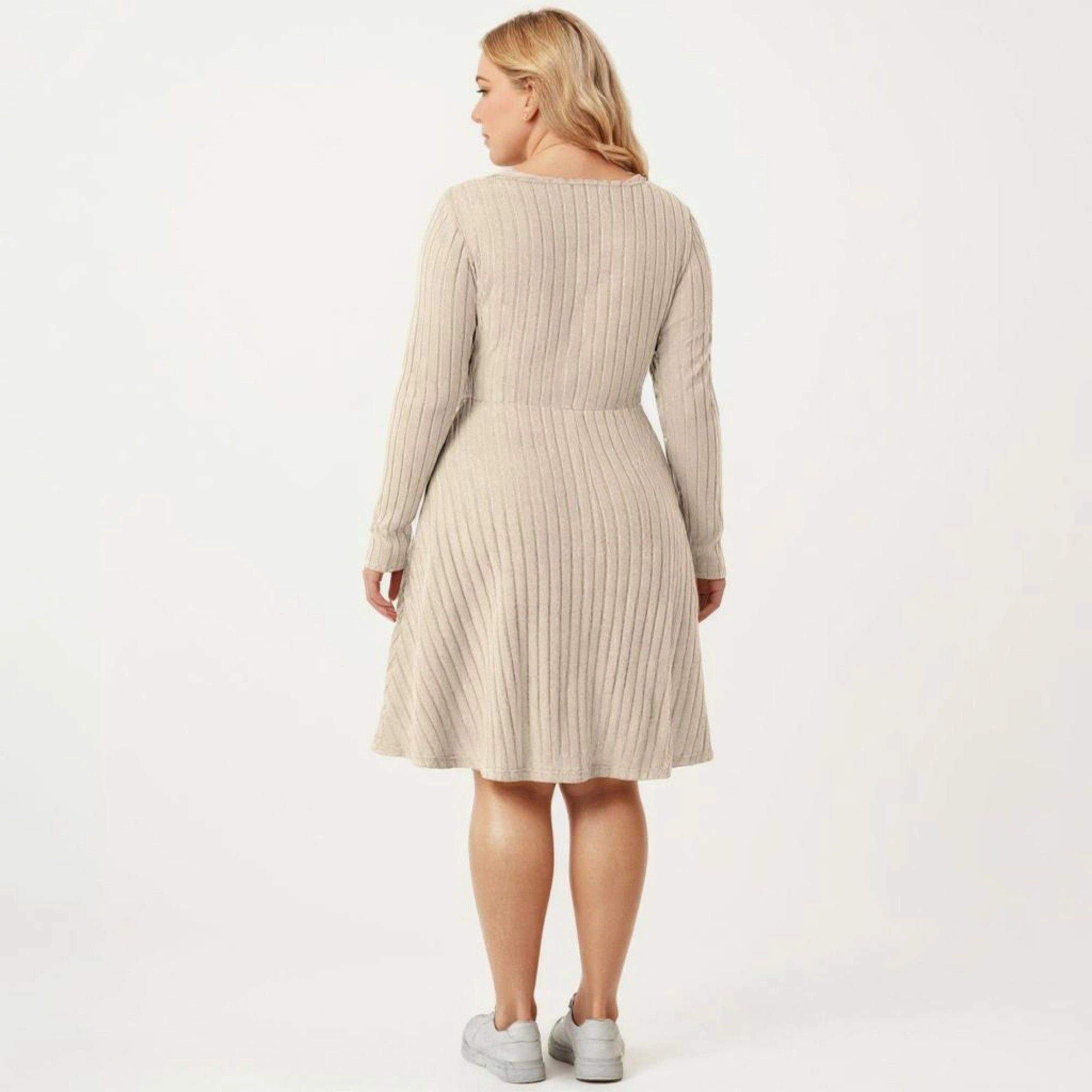Anna-Kaci Women's Plus Size Long Sleeve Ribbed Tie Front Flared Skirt Knit Dress
