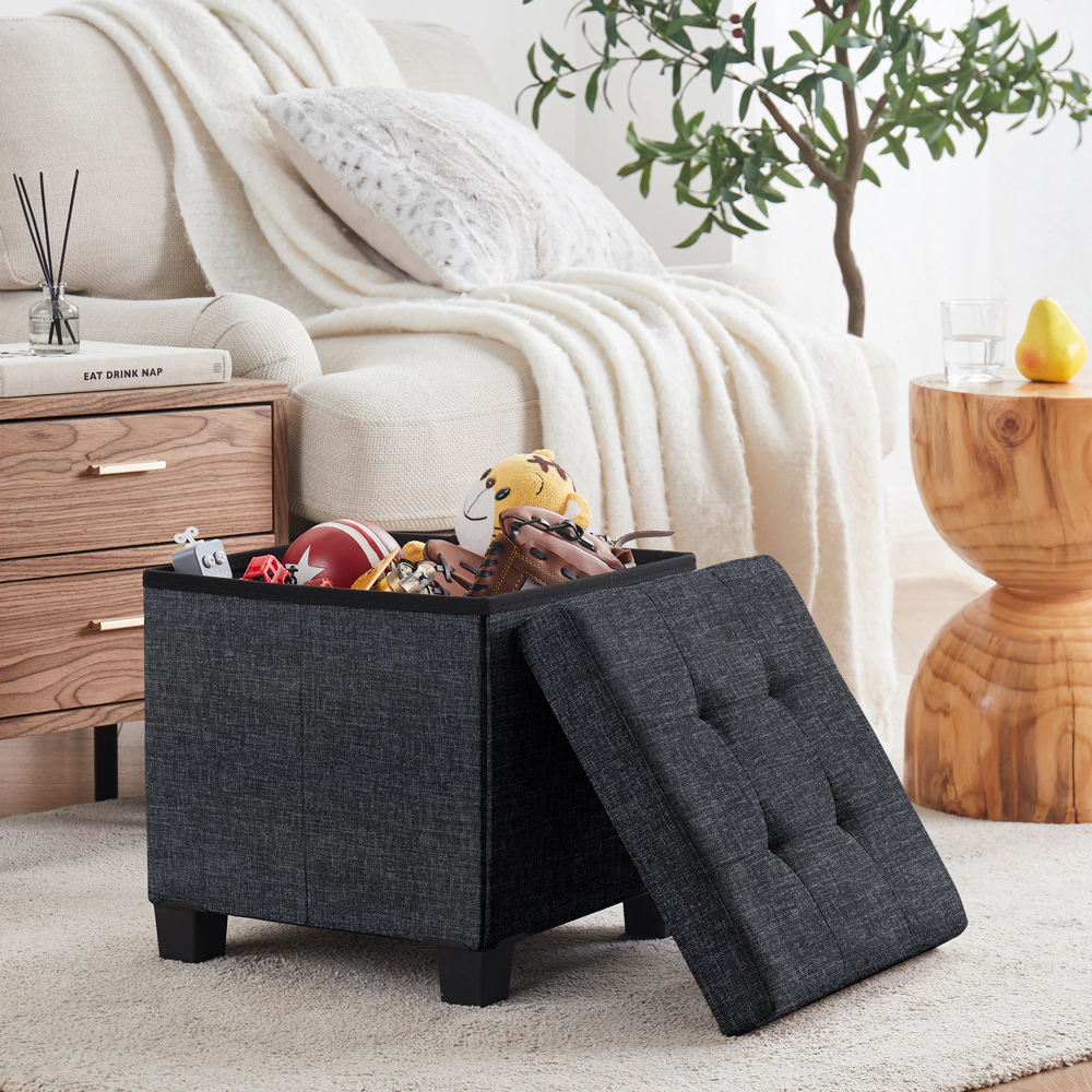 Ornavo Home Collapsible Tufted 15 Inch Square Linen Storage Ottoman with Legs