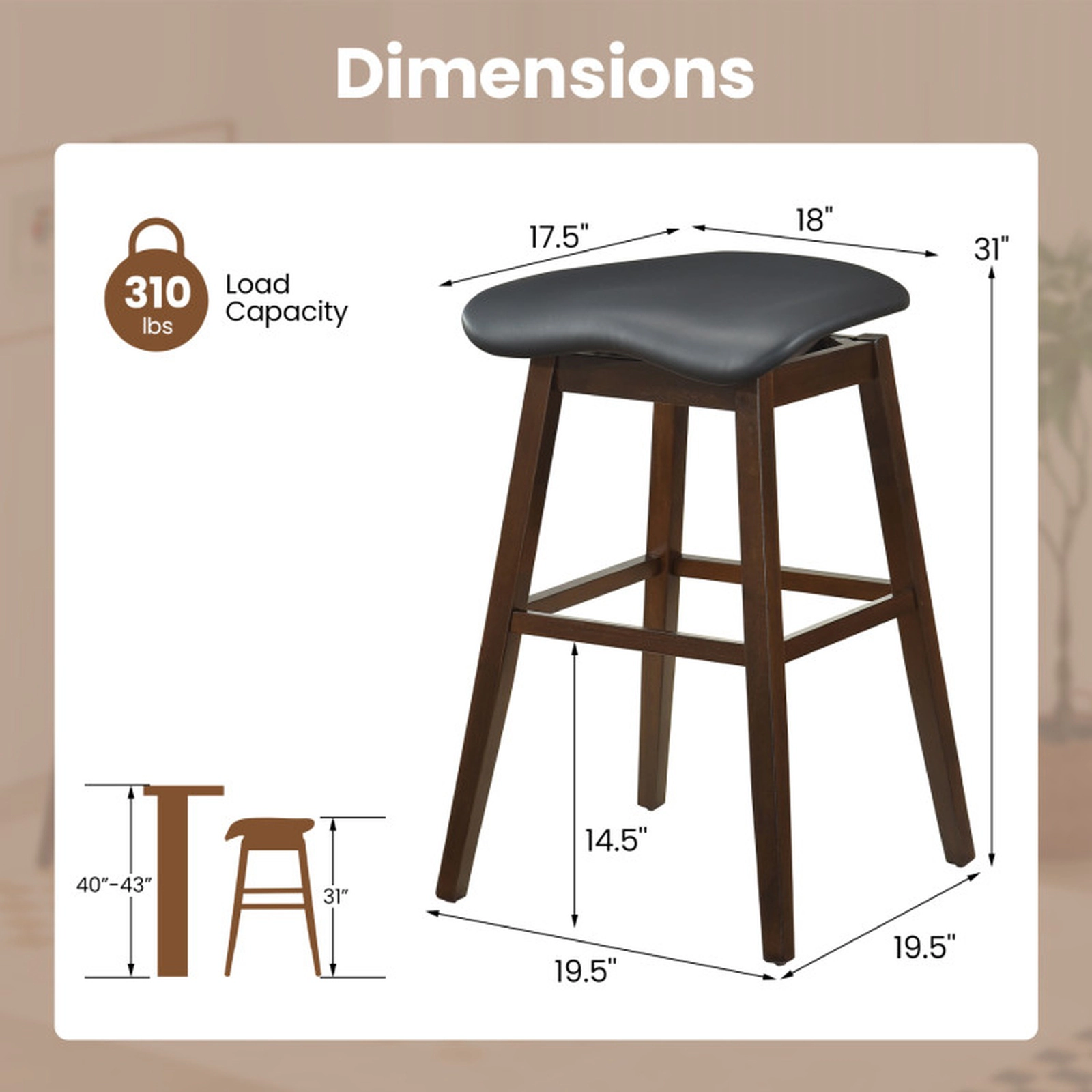 SUGIFT Black and Brown Padded Contoured Seat and Footrest Set of 2 Swivel Bar Stool