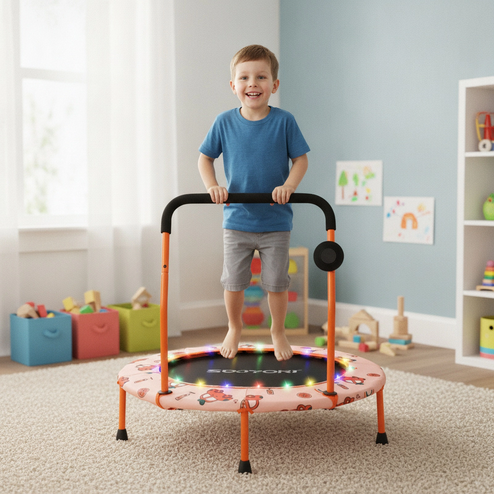 36-in Mini Trampoline Kids LED Lights Bluetooth Speaker 20 Bungee Cord Silent Bounce Foam Handle Orange Rebounder