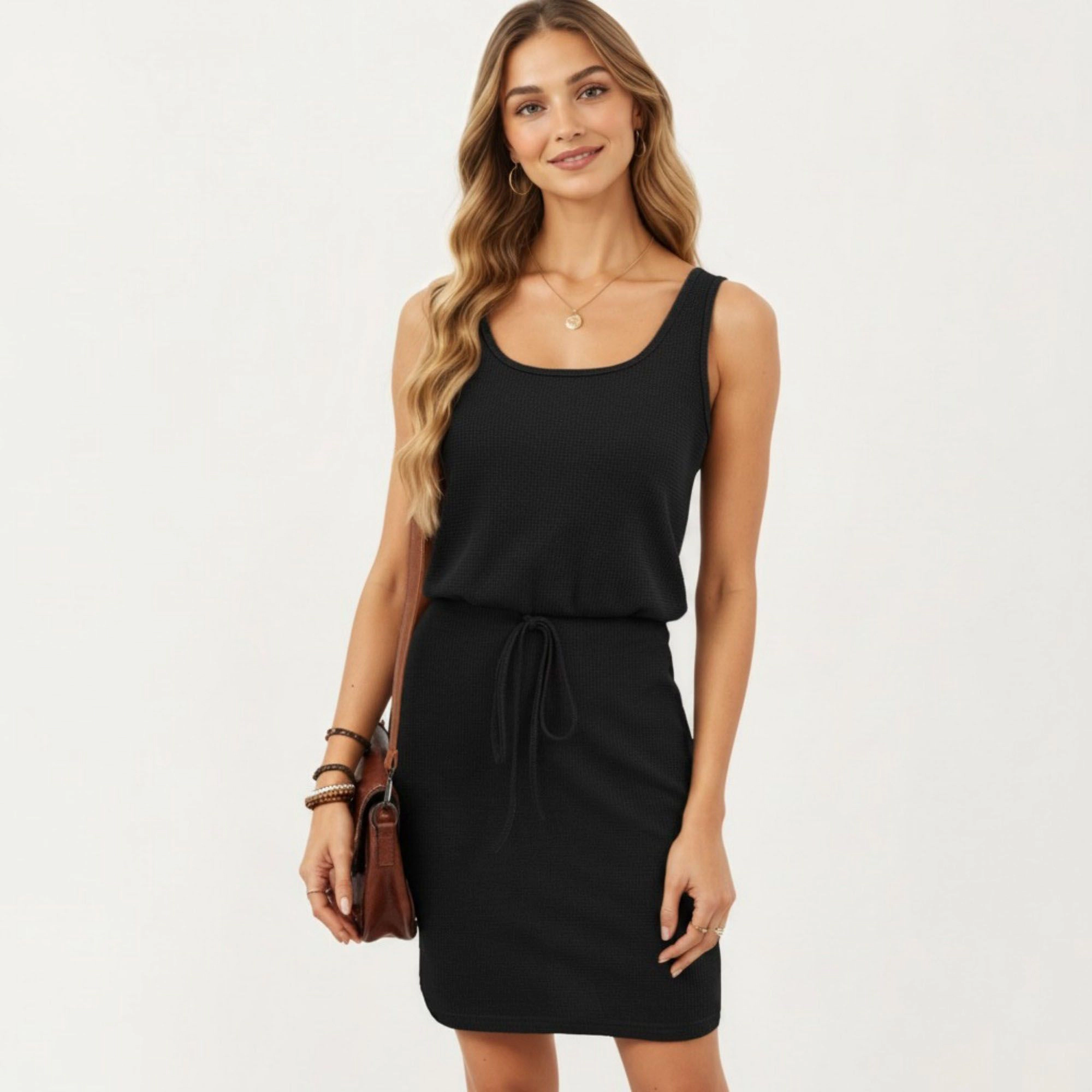 Anna-Kaci Women's Sleeveless Tank Dress with Scoop Neck Adjustable Drawstring Waist Fitted Casual Mini