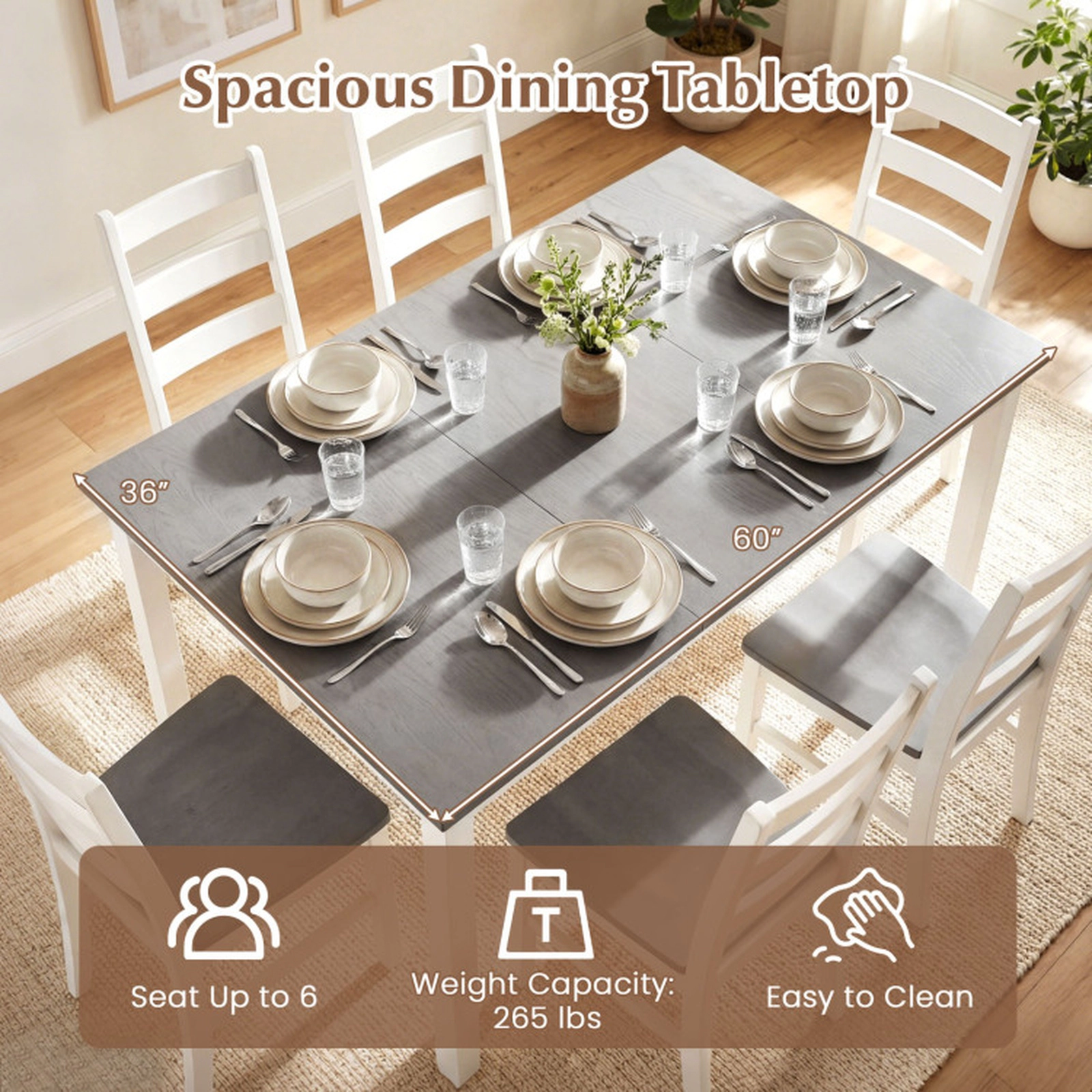 SUGIFT 60-in Gray Rectangular Wood Dining Table for 6 with White Rubber Wood Legs