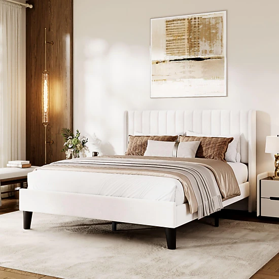 BebreezChic Bed Frame with Velvet Wingback Headboard, Vertical Tufting, No Box Spring