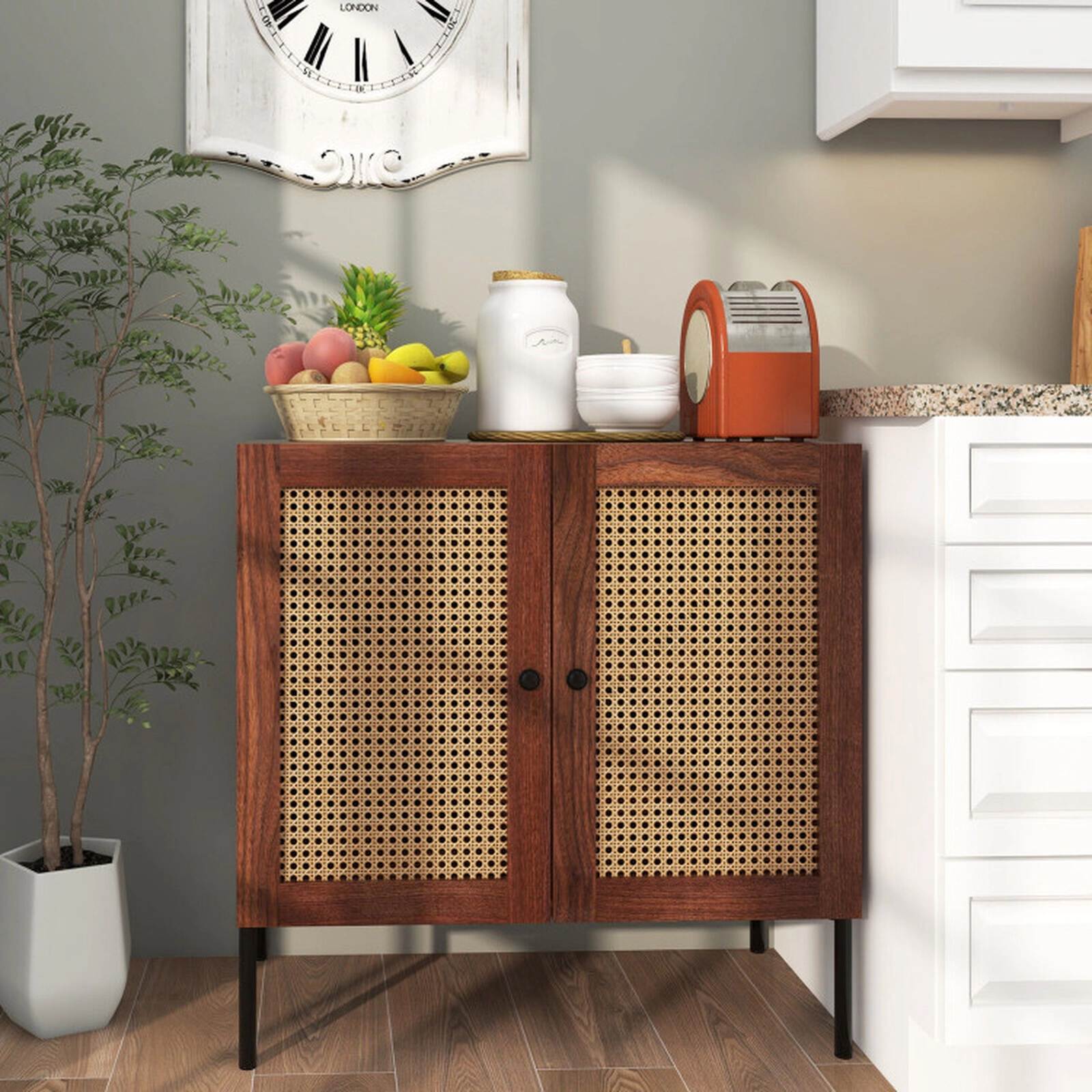 SUGIFT 31.5-in 135-lb Tabletop Walnut Sideboard with 2 Rattan-Decorated Doors Adjustable Shelf and Metal Legs