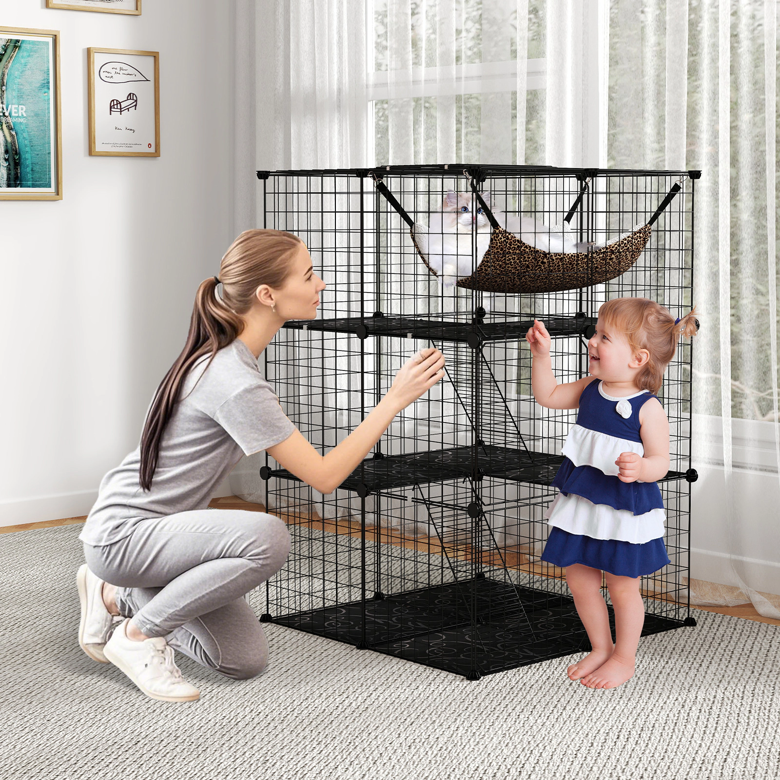 Glintex 3-Tier Indoor Cat Cage with Lockable Skylight Hammock and Modular Panels, Black