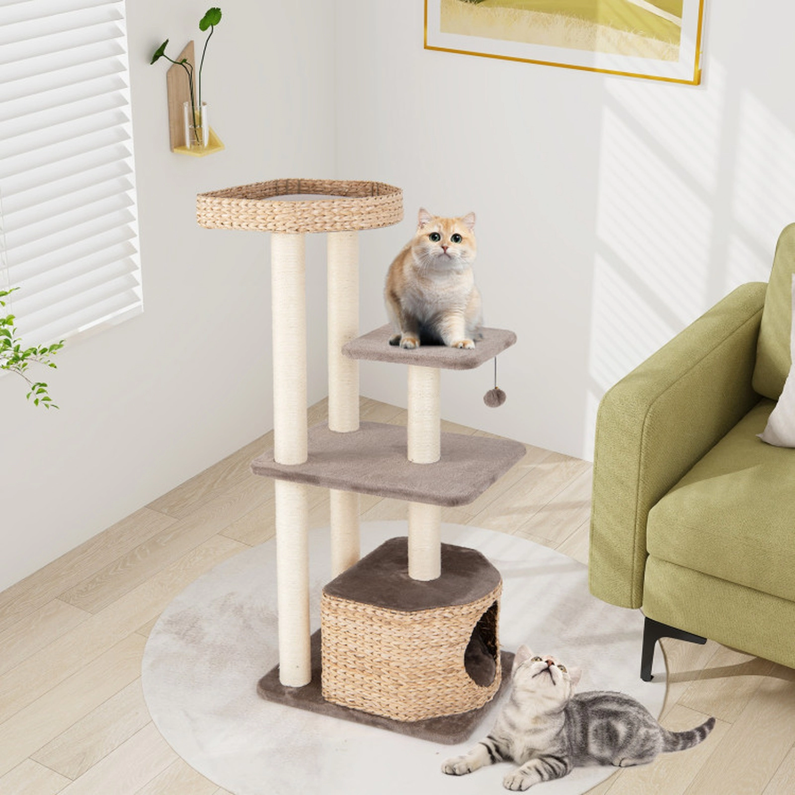 SUGIFT Coffee 4-Layer Cat Tower with Cattail Perch Condo and Washable Cushions