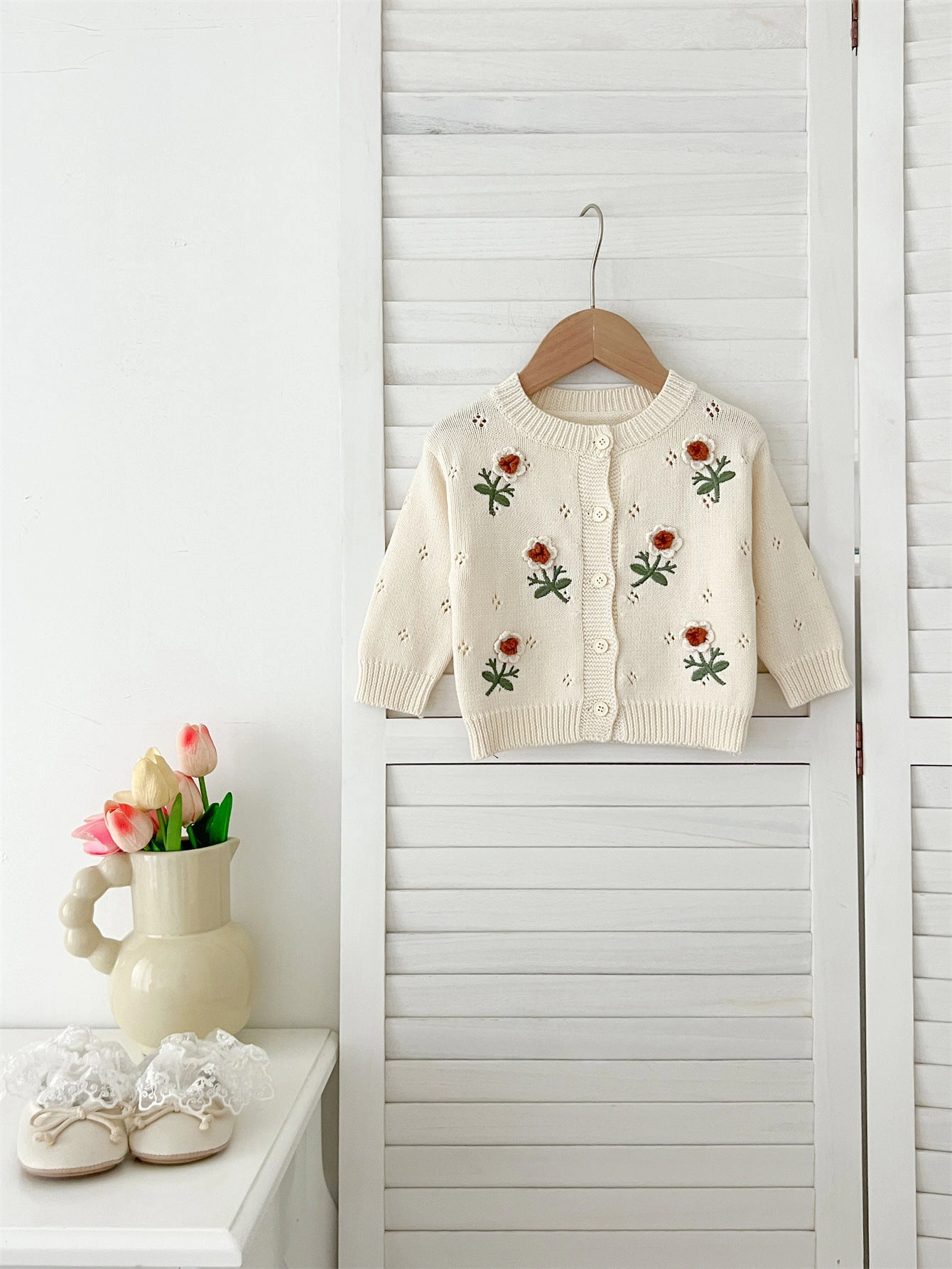 MyKids-USA Baby Girls Comfortable Flowers Embroiedery Knitted Long Sleeves Cardigan