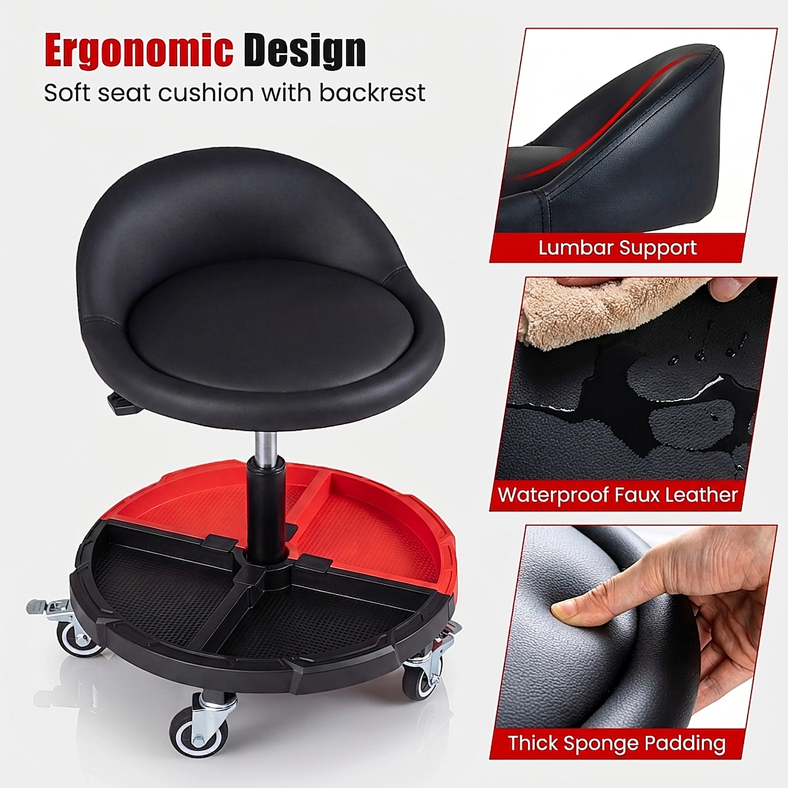 SUGIFT Adjustable 360° Rolling Mechanic Stool Seat with Backrest and Tool Storage Tray 330-lb Capacity Black + Red