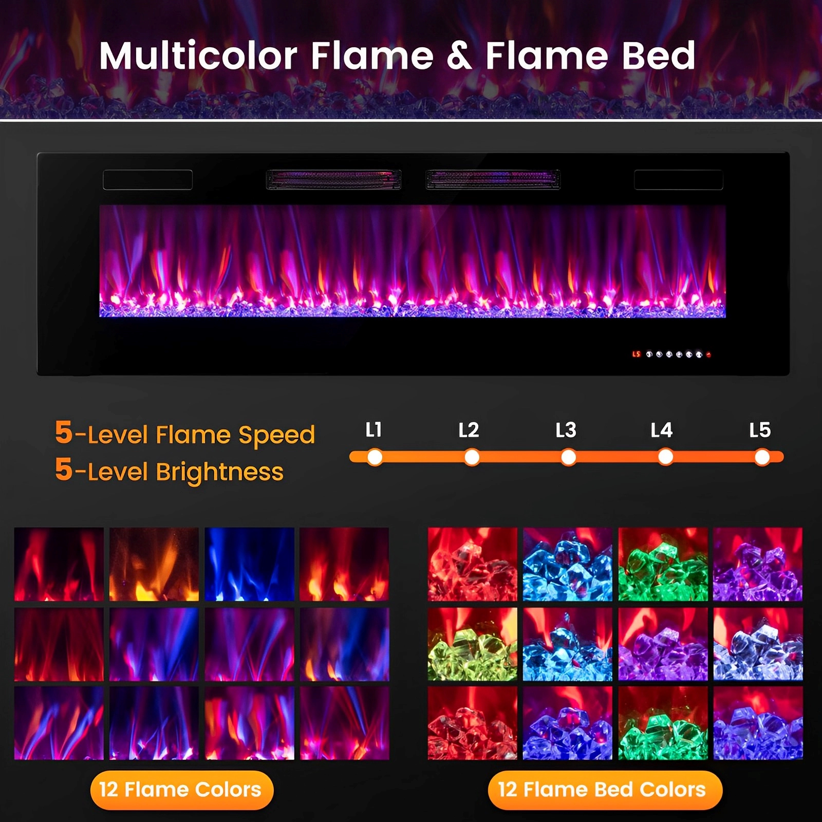 SUGIFT 60-Inch Ultra-Thin Electric Fireplace, Wall-Mounted or Recessed, App and Voice Control