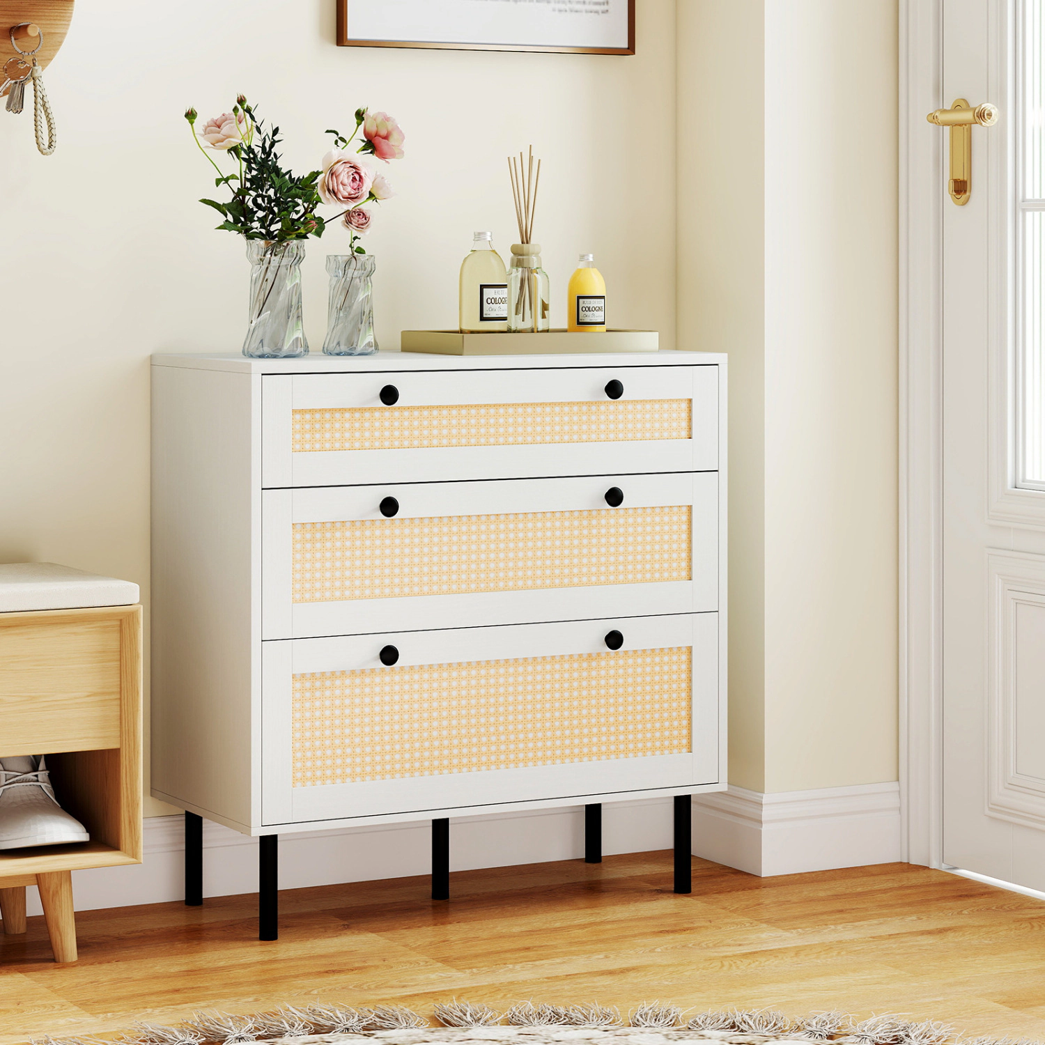 LJG 3-Drawer Rattan Nightstand Boho Chest of Drawers for Bedroom