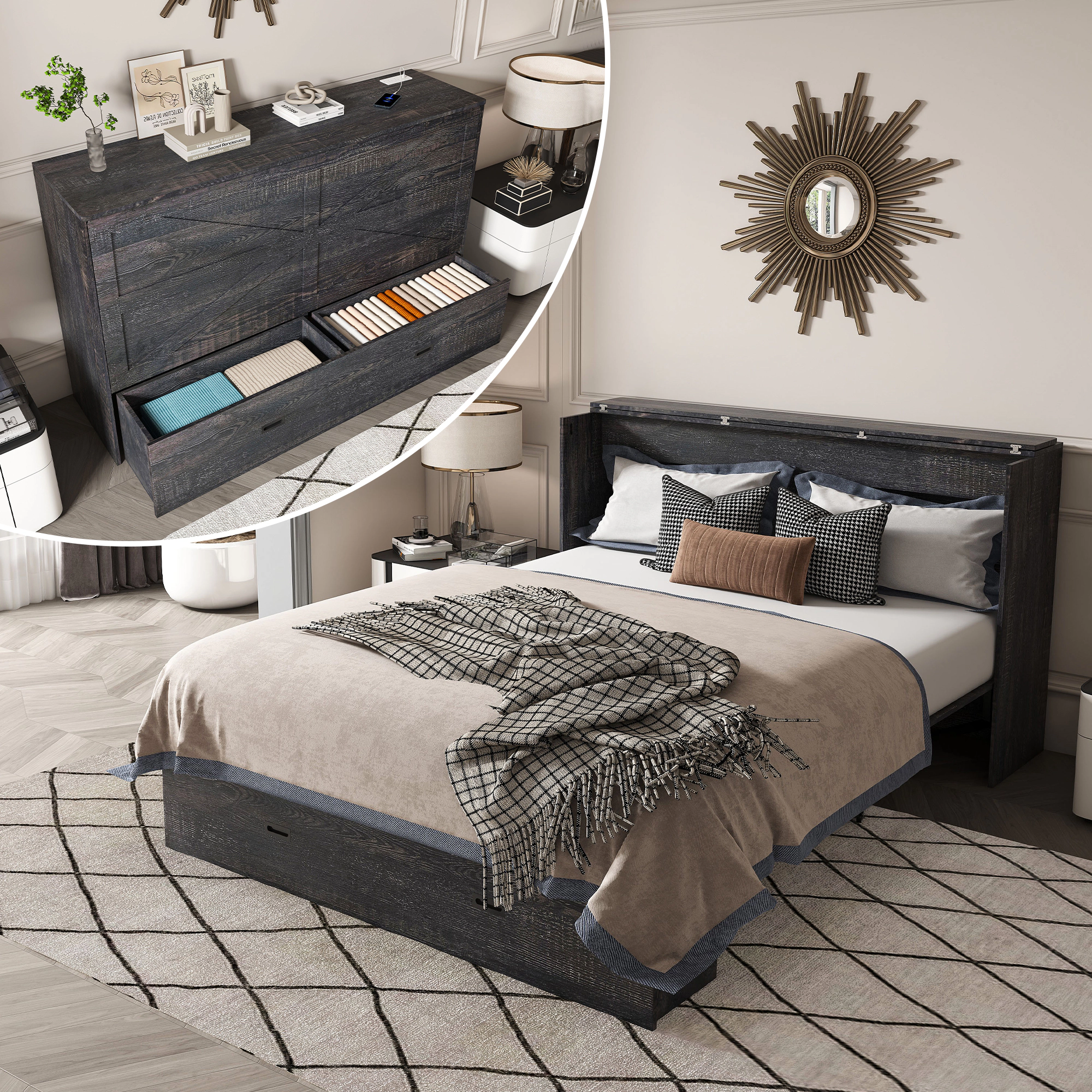 Flynama 57" Murphy Bed with Storage Drawers & Charging Cabinet, Foldable, On Wheels, Black