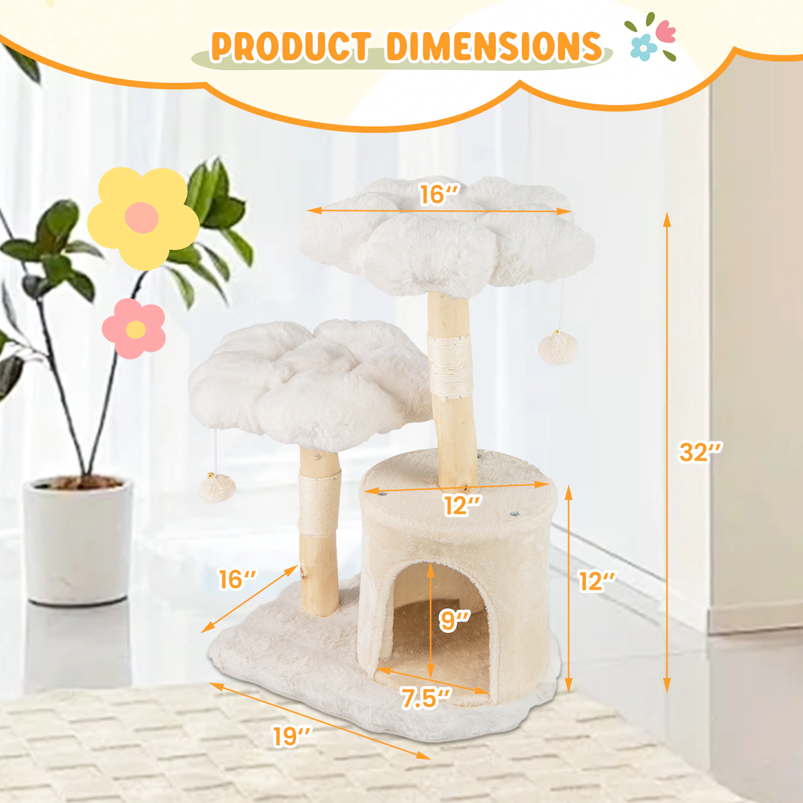 SUGIFT Beige Solid Wood Cat Tree with Natural Branch Posts and Flower Platforms